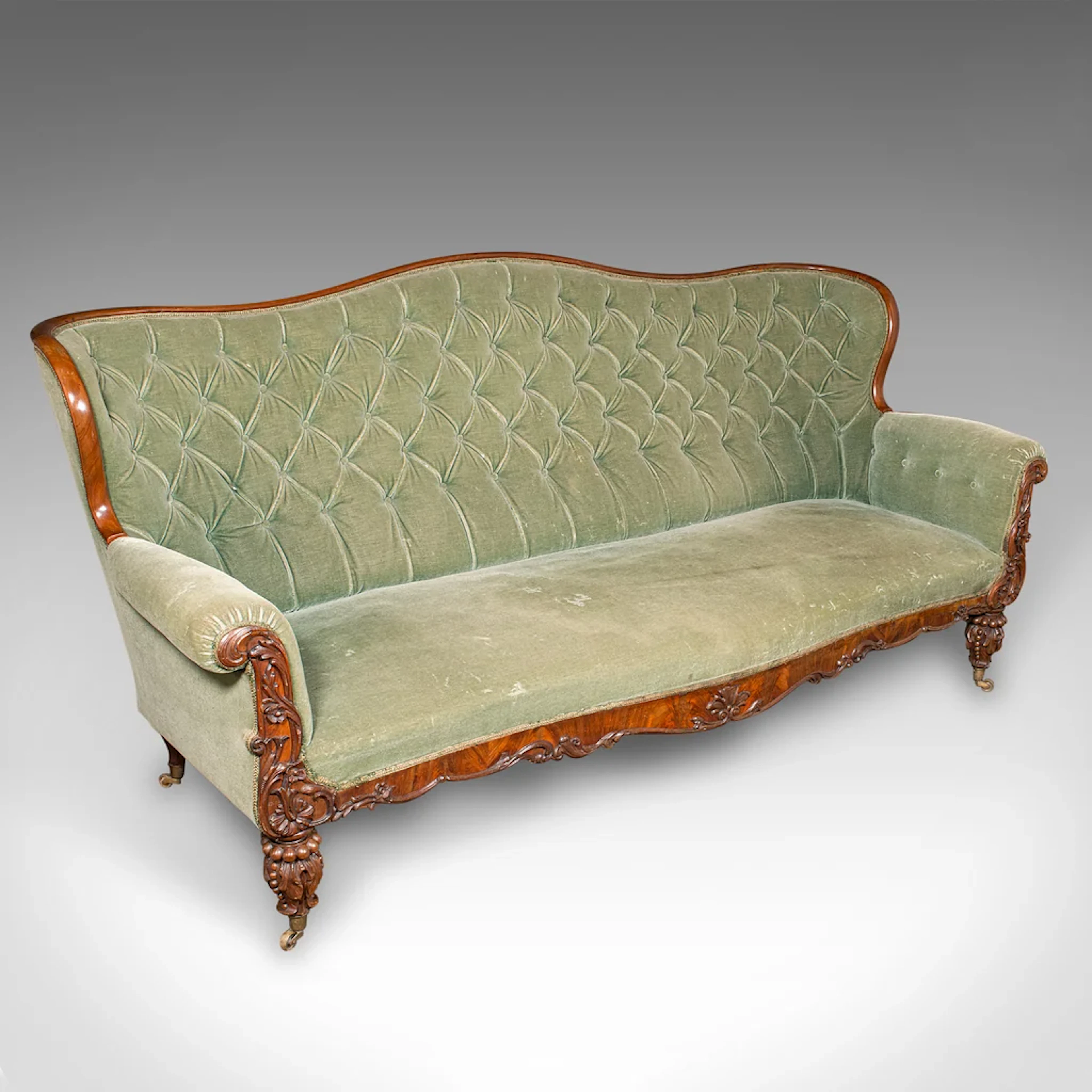 7' Wide Antique Country House Sofa, English, Walnut, Button Back Settee