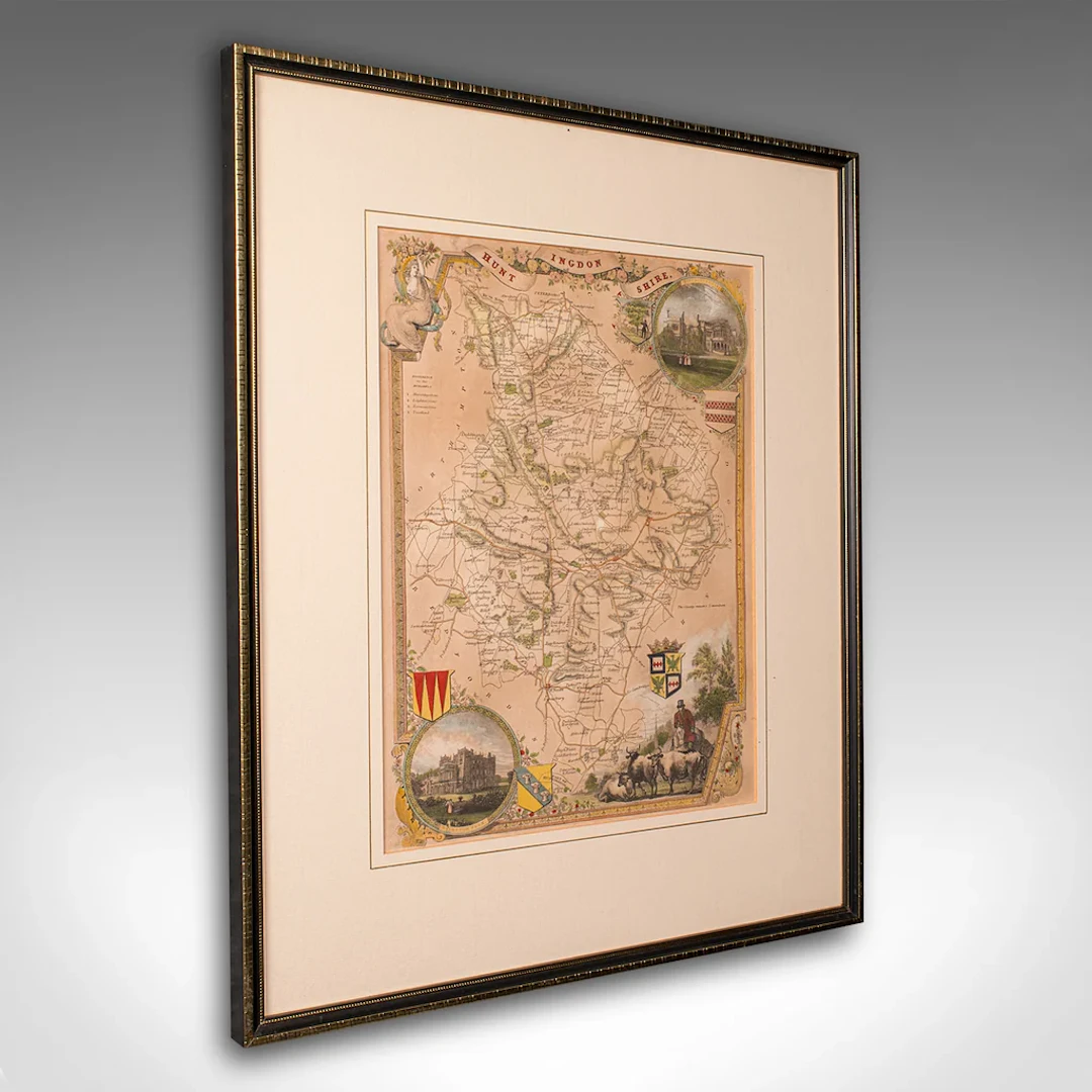 Antique Lithography Map, Huntingdonshire, English, Framed Cartography