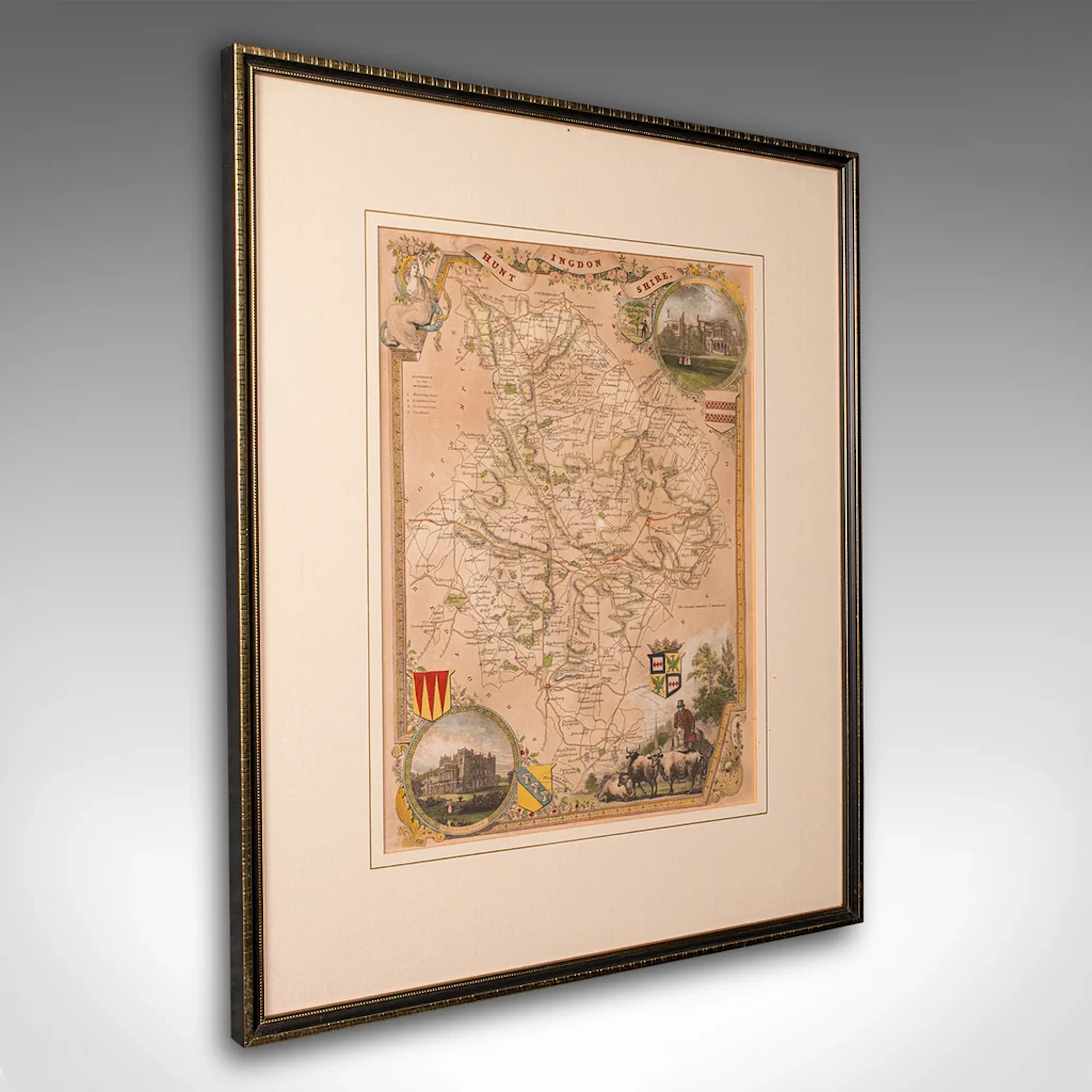 Antique Lithography Map, Huntingdonshire, English, Framed Cartography
