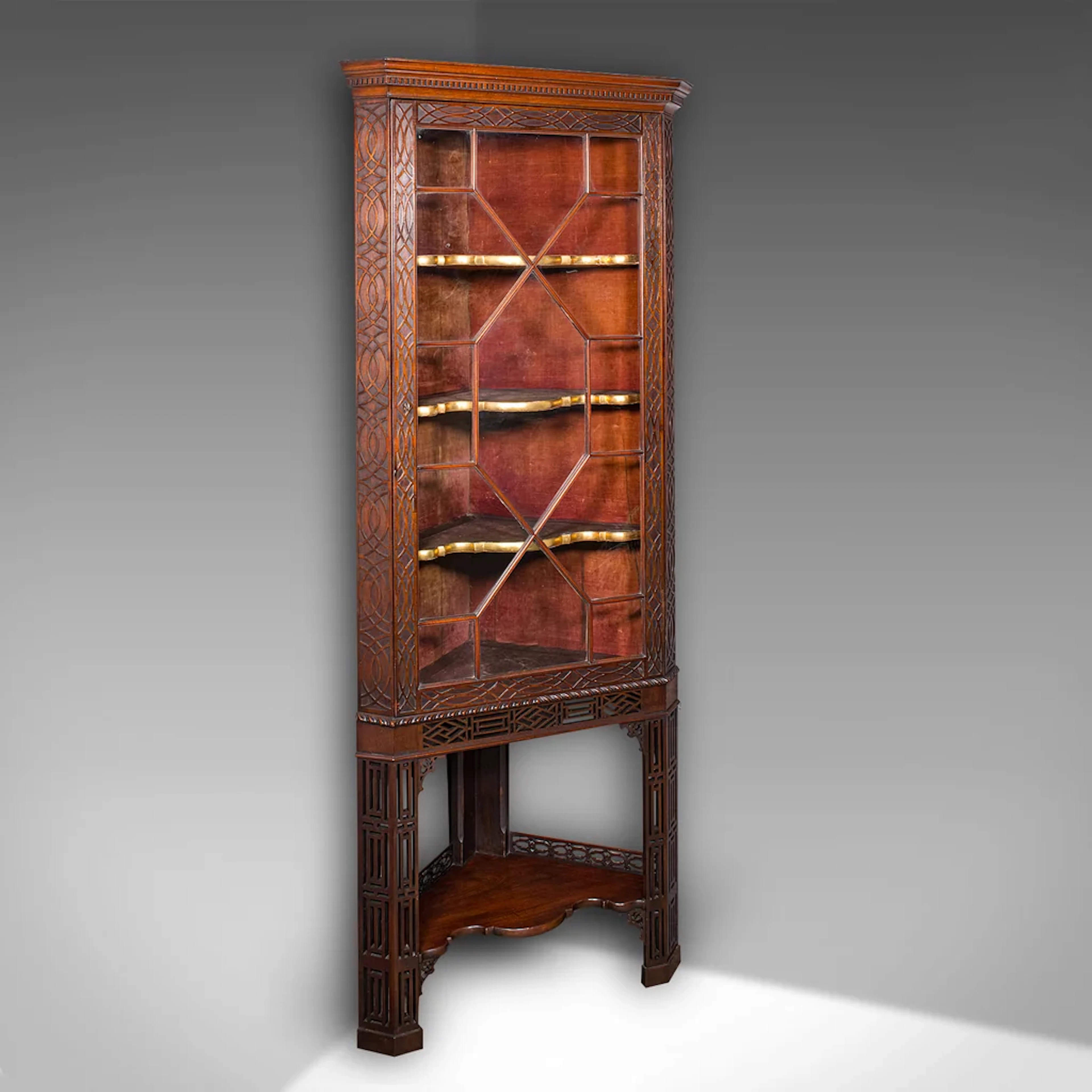 Antique Porcelain Corner Display Cabinet, English, Chippendale Taste, Victorian