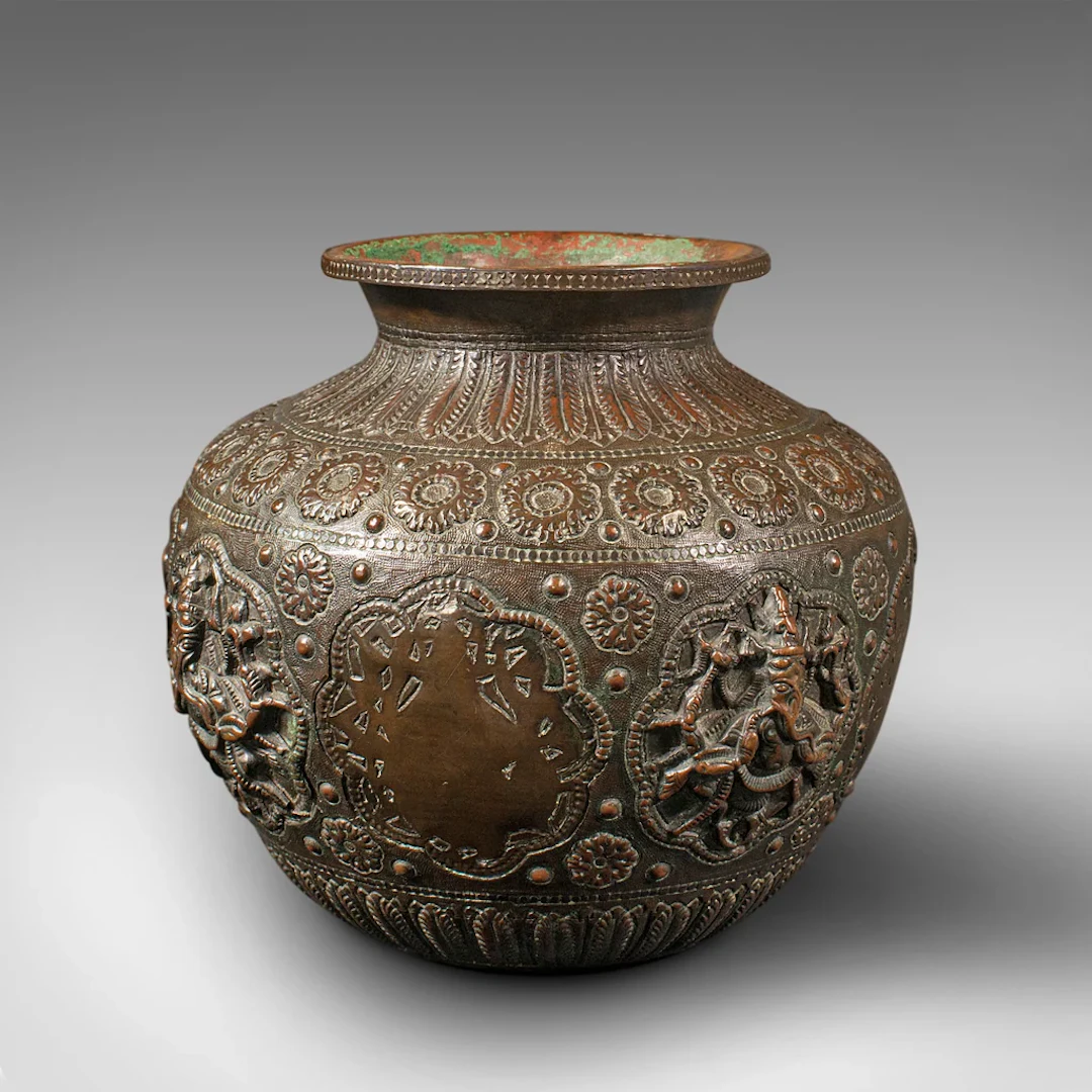 Antique Celebration Pot, Indian, Bronze, Diwali Vase, Ganesh, Lakshmi