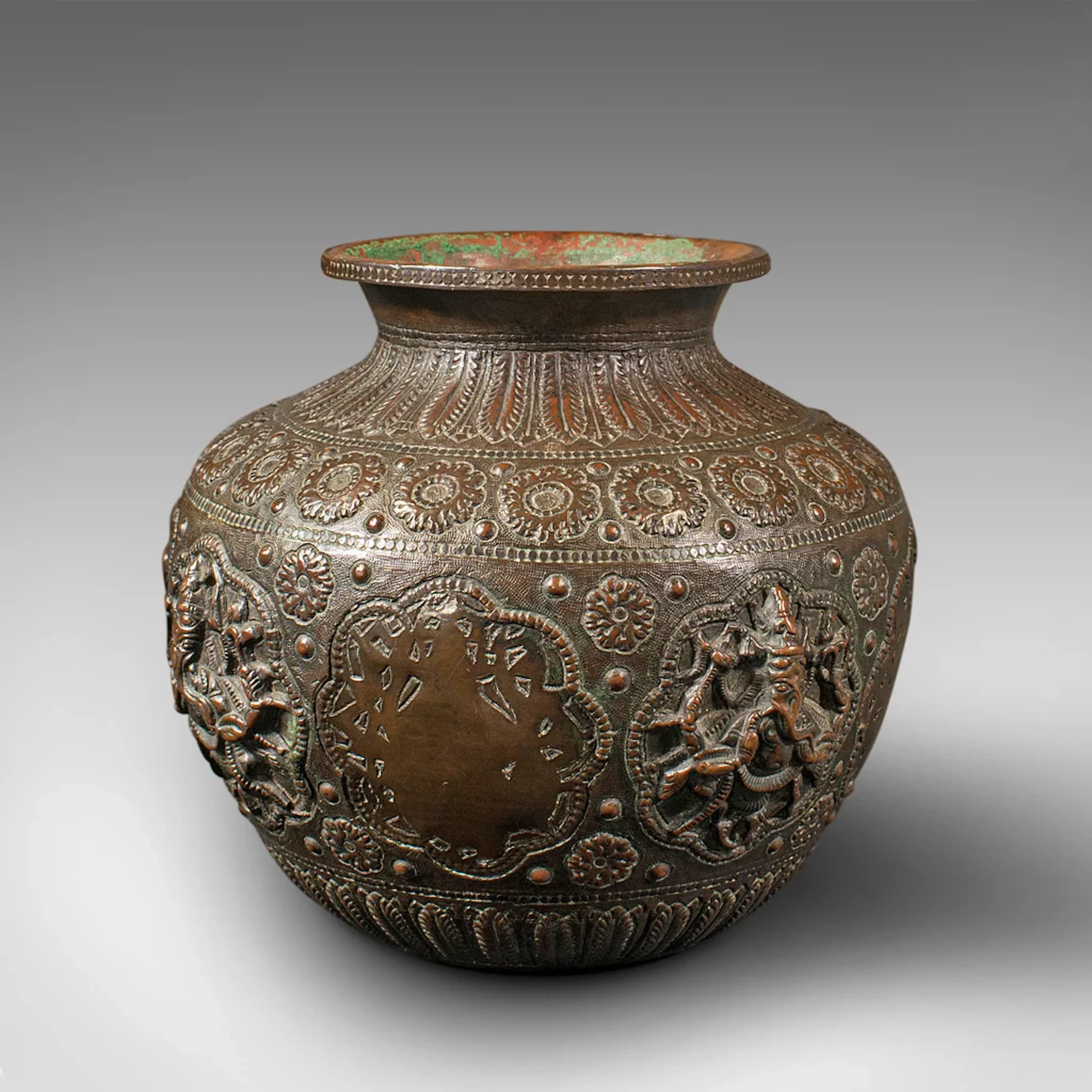 Antique Celebration Pot, Indian, Bronze, Diwali Vase, Ganesh, Lakshmi