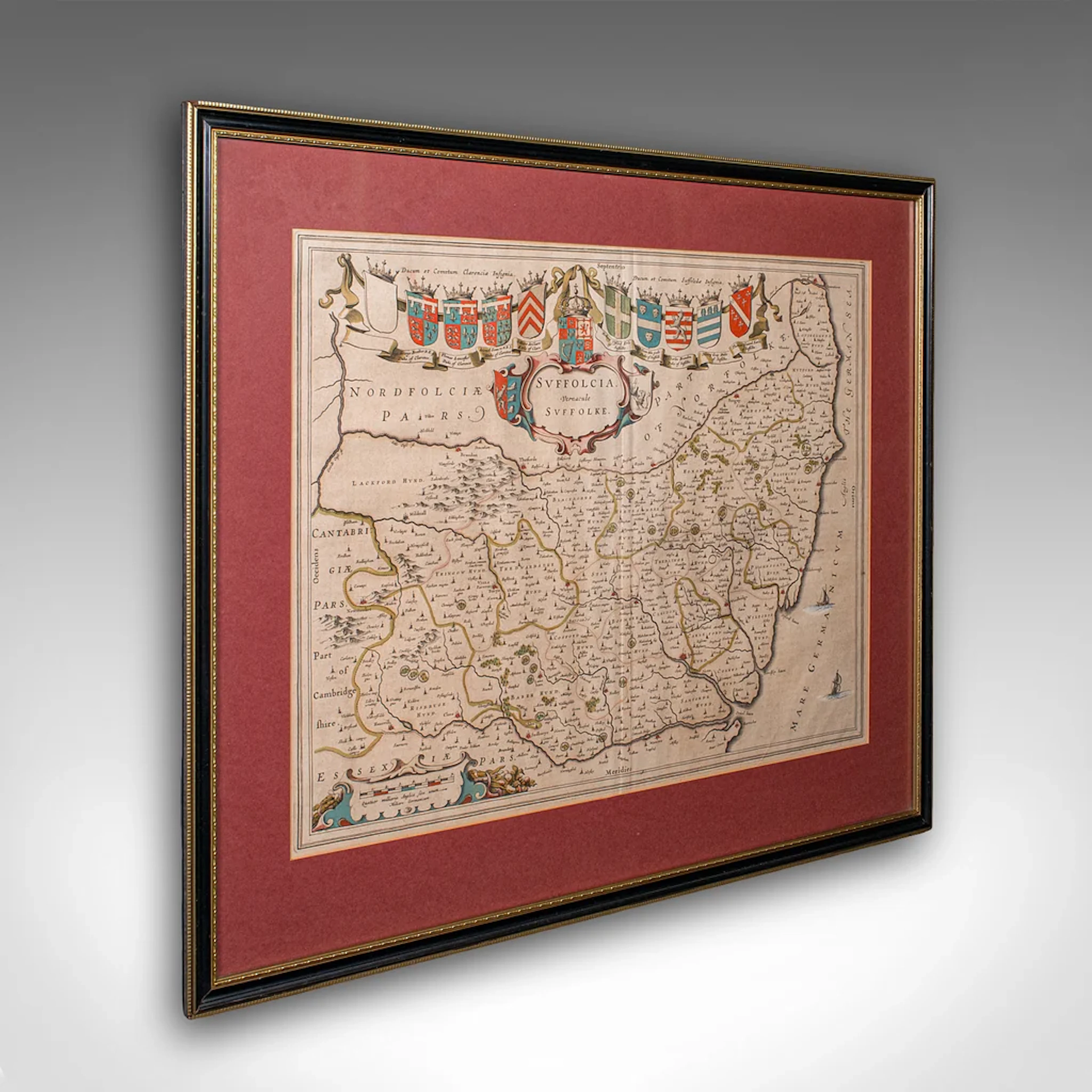 Antique Suffolk County Map, Dutch, Atlas Novus, Joan Blaeu, Cartography, C.1645