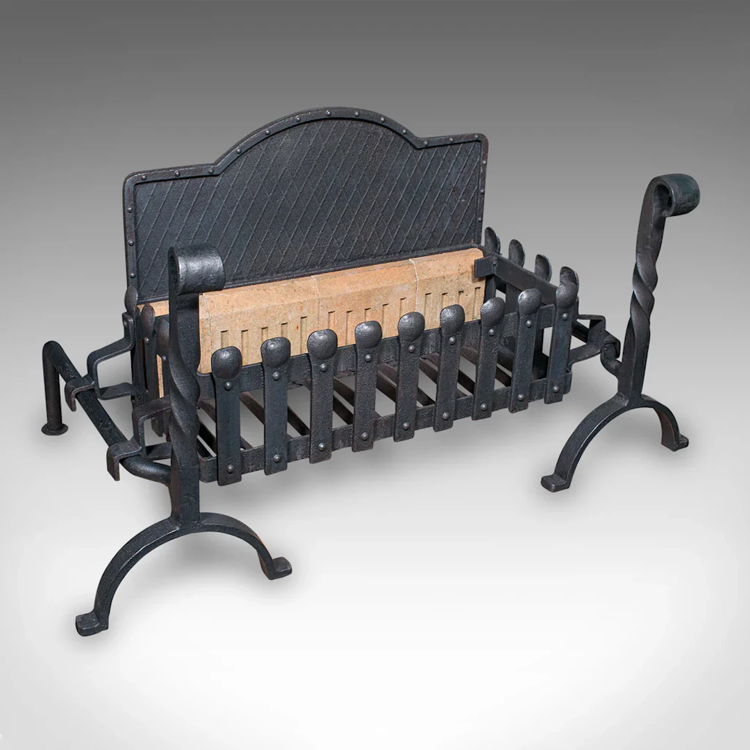 Large Antique Fireplace Set, English, Inglenook Fire Basket, Andirons