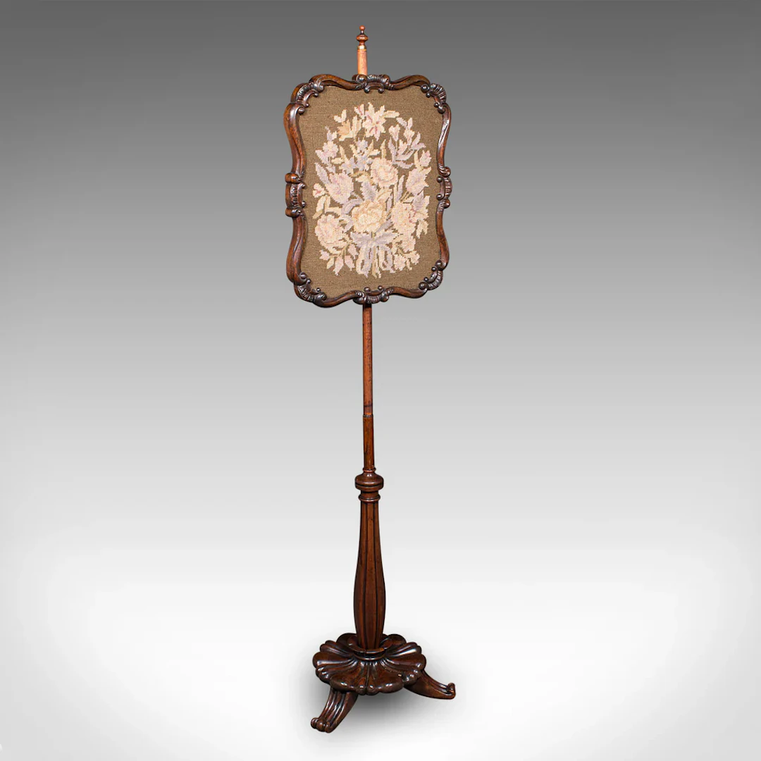 Antique Fireside Pole Screen, English, Needlepoint, Adjustable, William