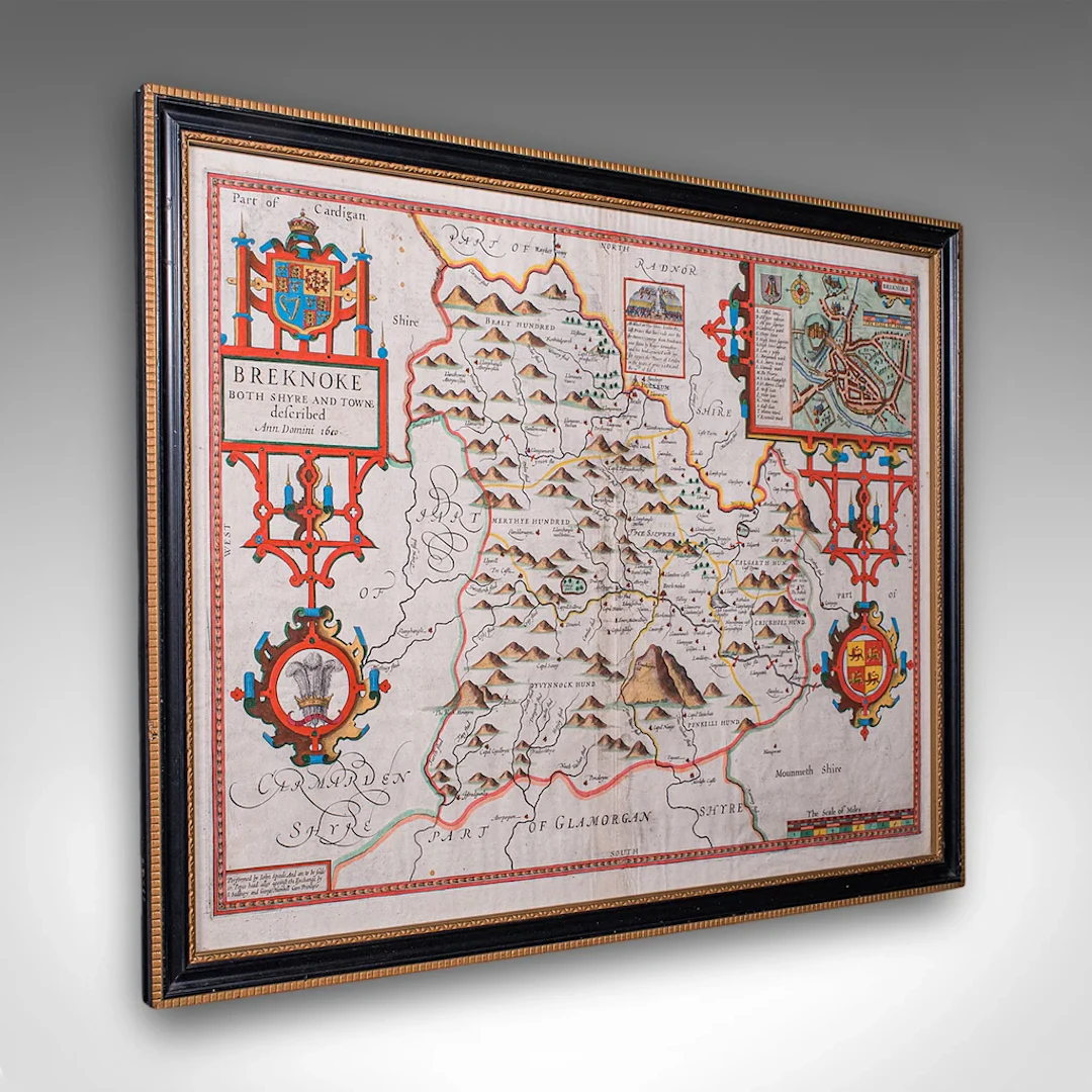 Antique Map of Breconshire, English, Framed, John Speed, Dual Sided, Circa 1627