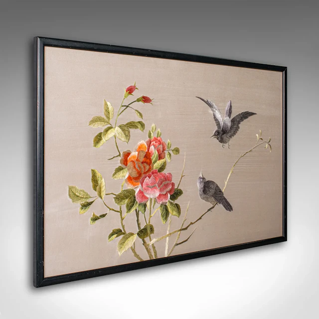 Vintage Framed Bird Scene, Japanese, Silk Cotton Embroidery, Art Deco, C.1940