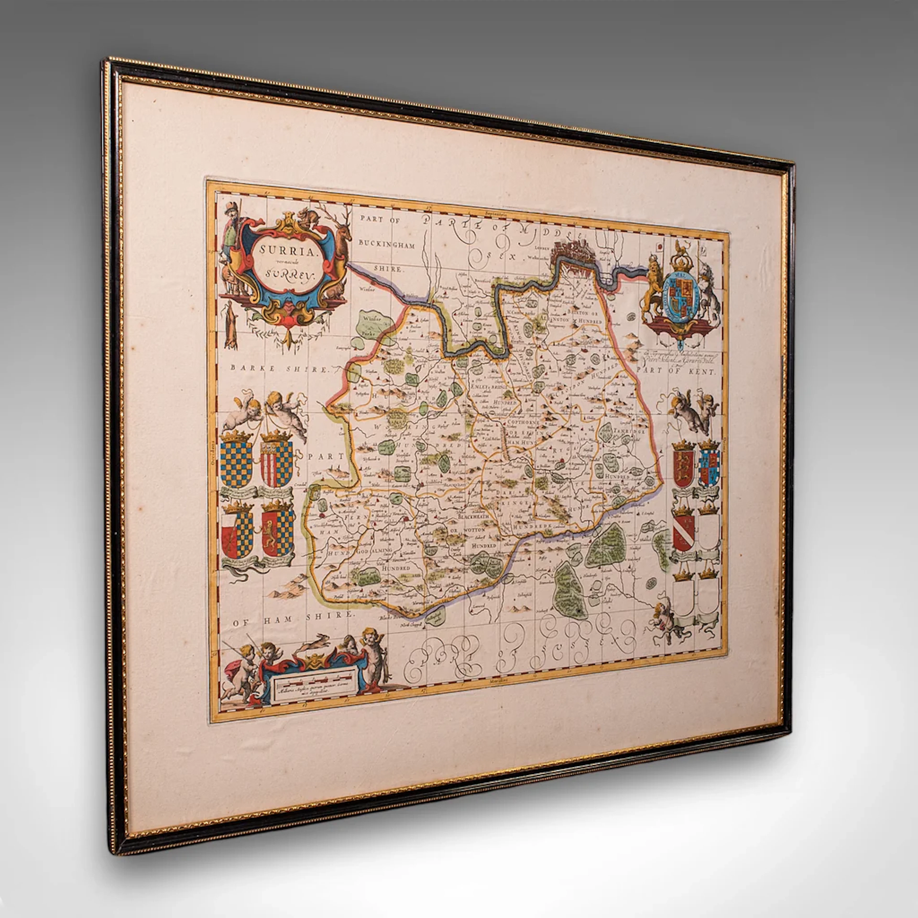 Antique Map of Surrey, English, Framed County Cartography, After Blaeu, C.1690