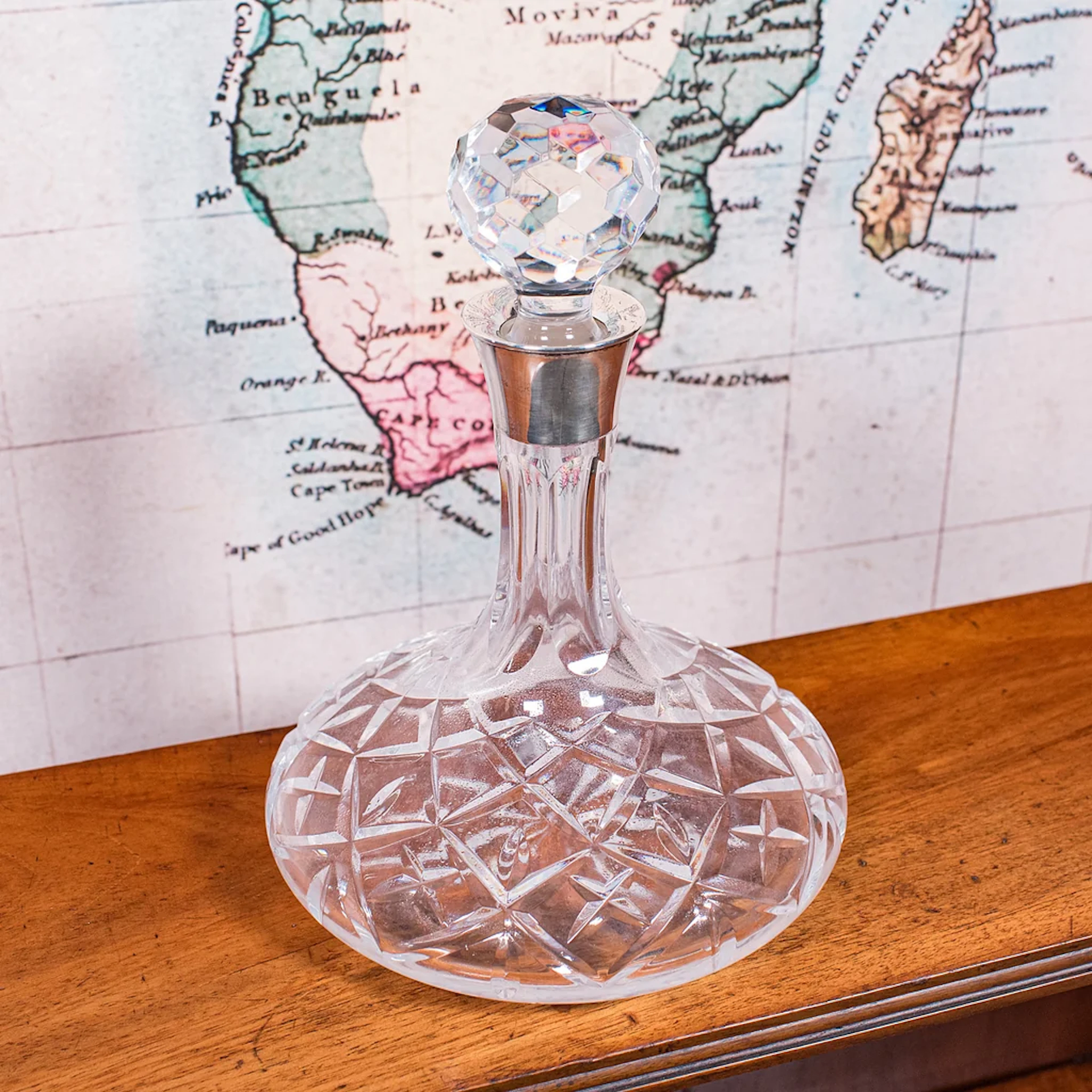 Vintage Full Bodied Wine Decanter, English, Cut Glass, Hallmarked Silver, Rioja