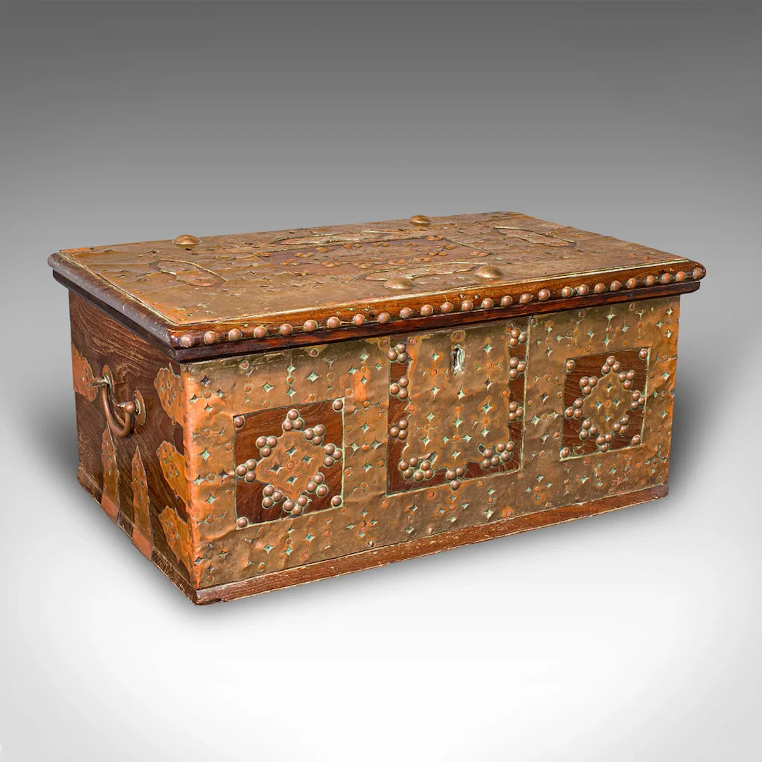 Small Antique Zanzibar Chest, East African Teak, Brass, Travel Trunk, Victorian