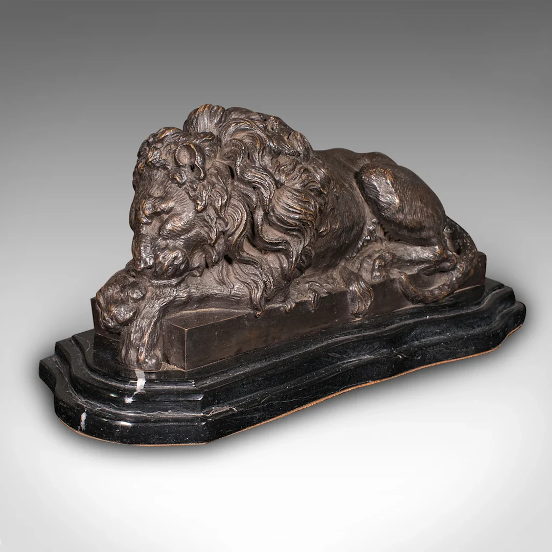 Vintage Recumbent Lion, French, Bronze, Marble, After Canova, Mid 20th Century