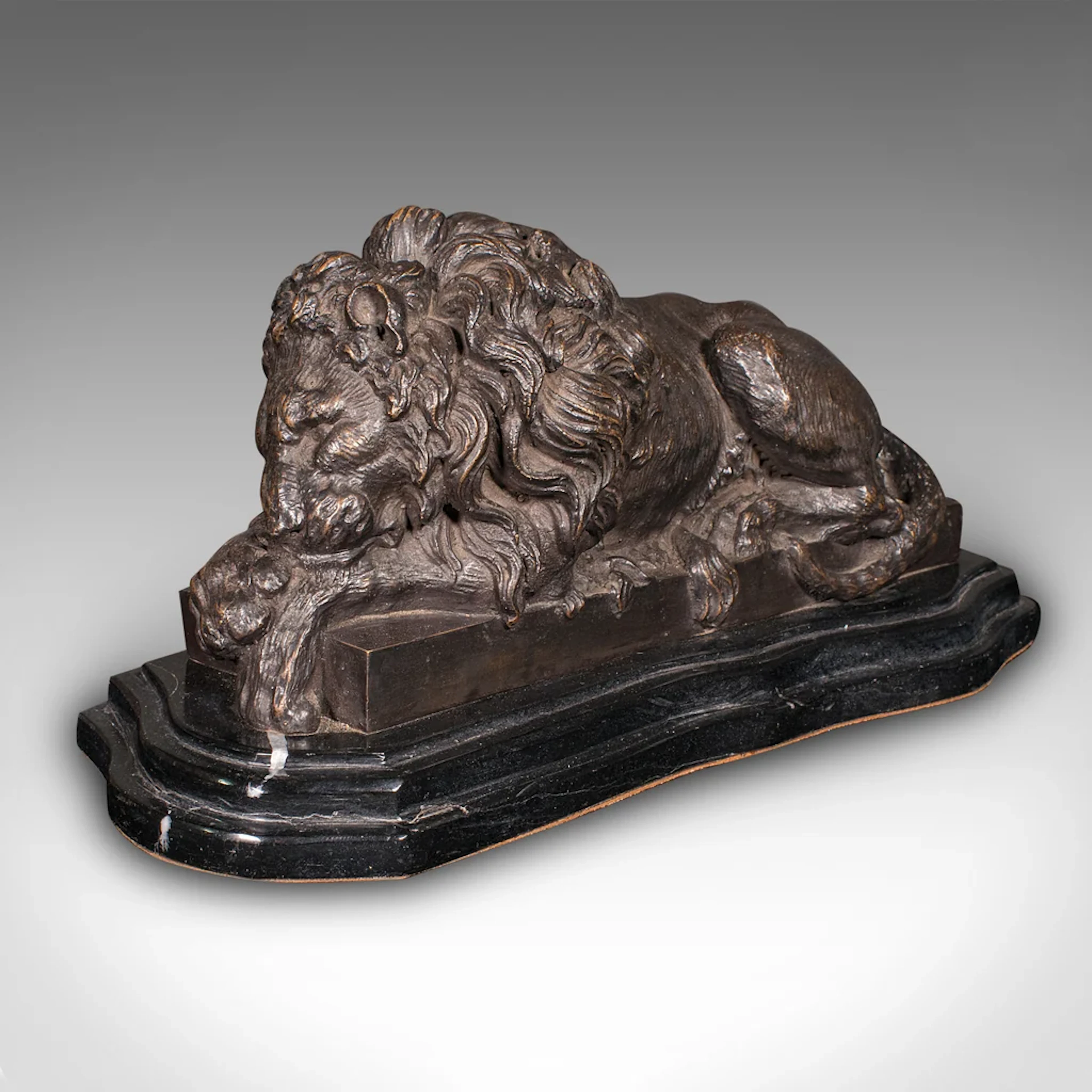Vintage Recumbent Lion, French, Bronze, Marble, After Canova, Mid 20th Century