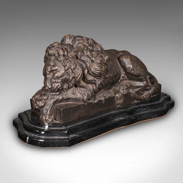 Vintage Recumbent Lion, French, Bronze, Marble, After Canova, Mid 20th Century