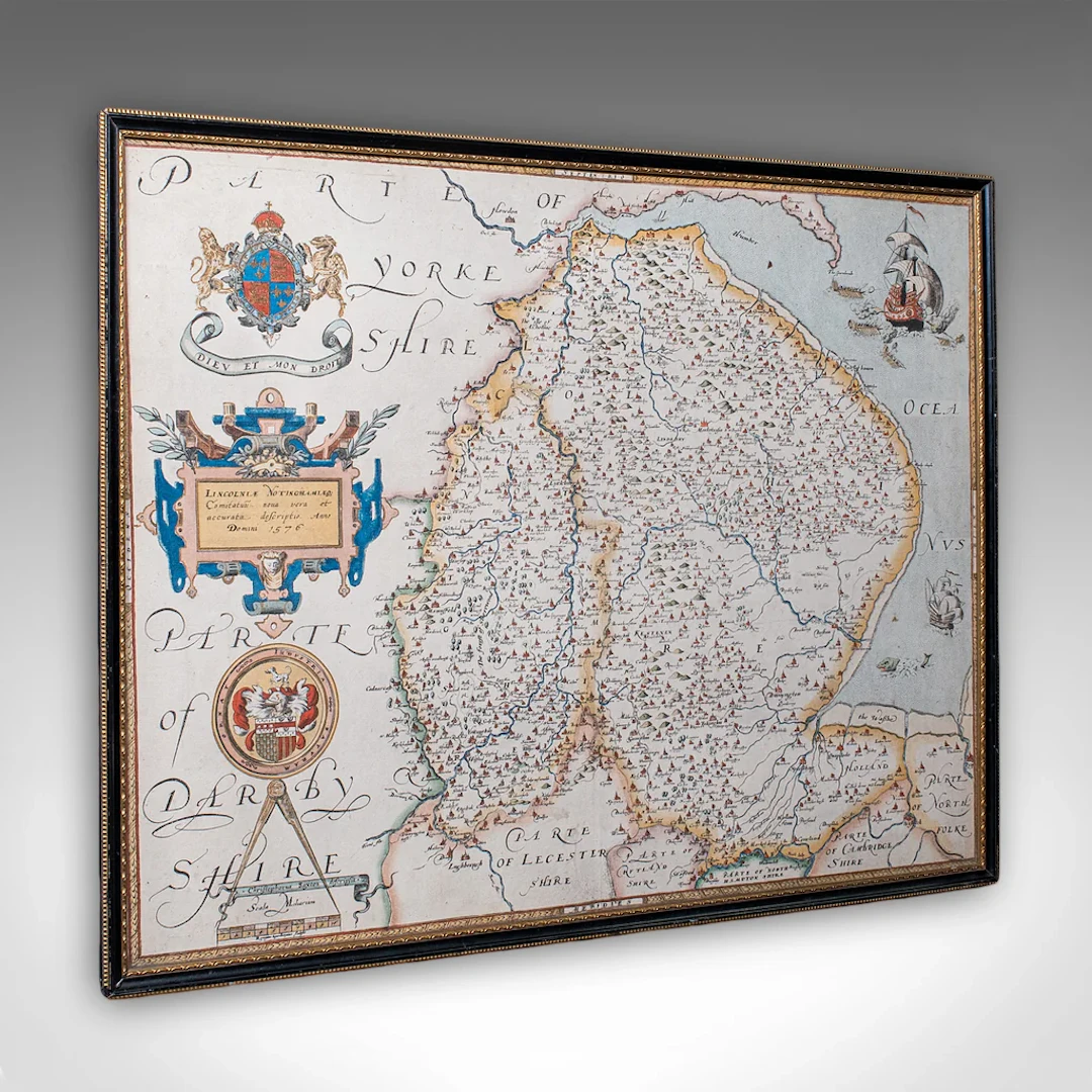 Vintage Map, Lincoln, Nottingham, English, After Christopher Saxton