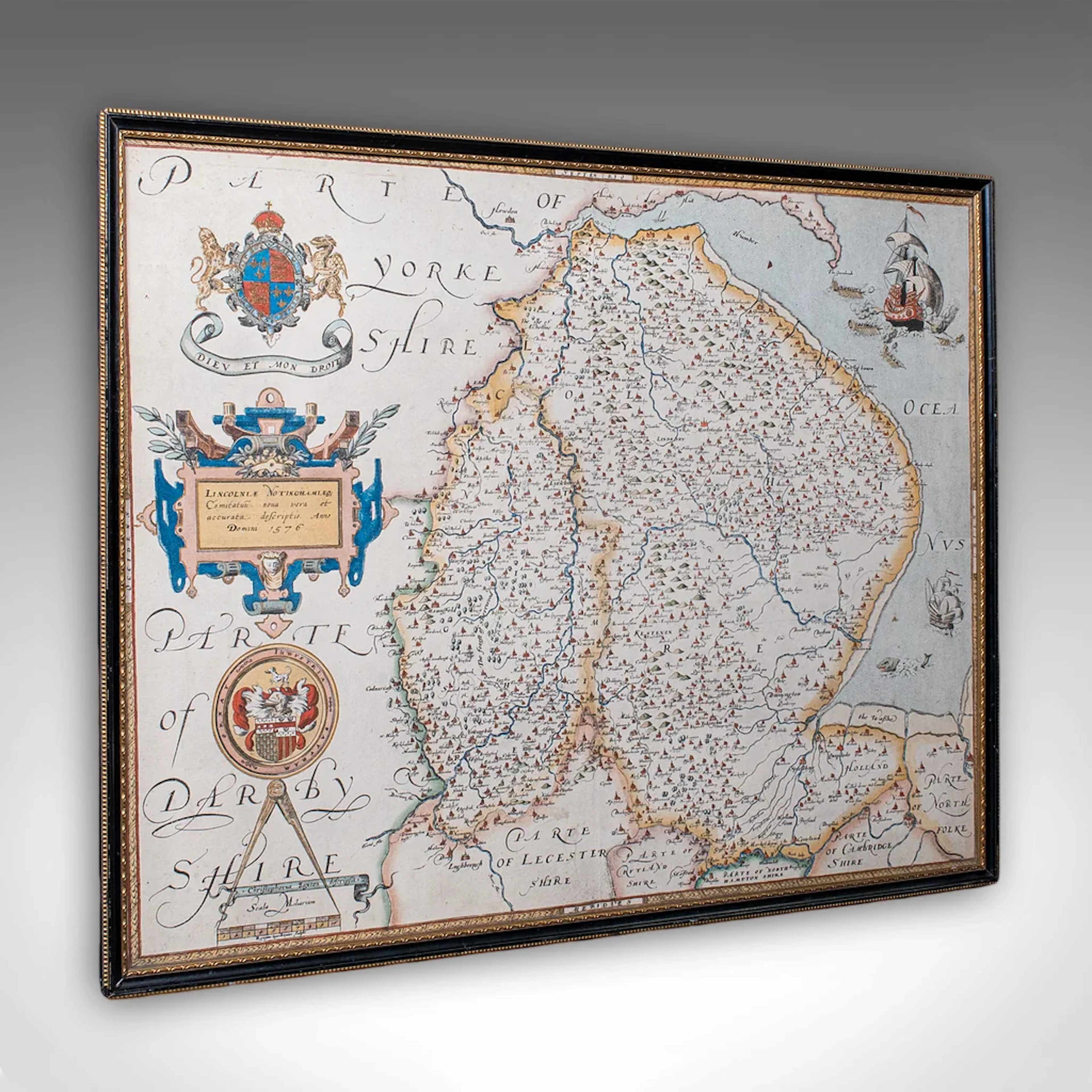 Vintage Map, Lincoln, Nottingham, English, After Christopher Saxton