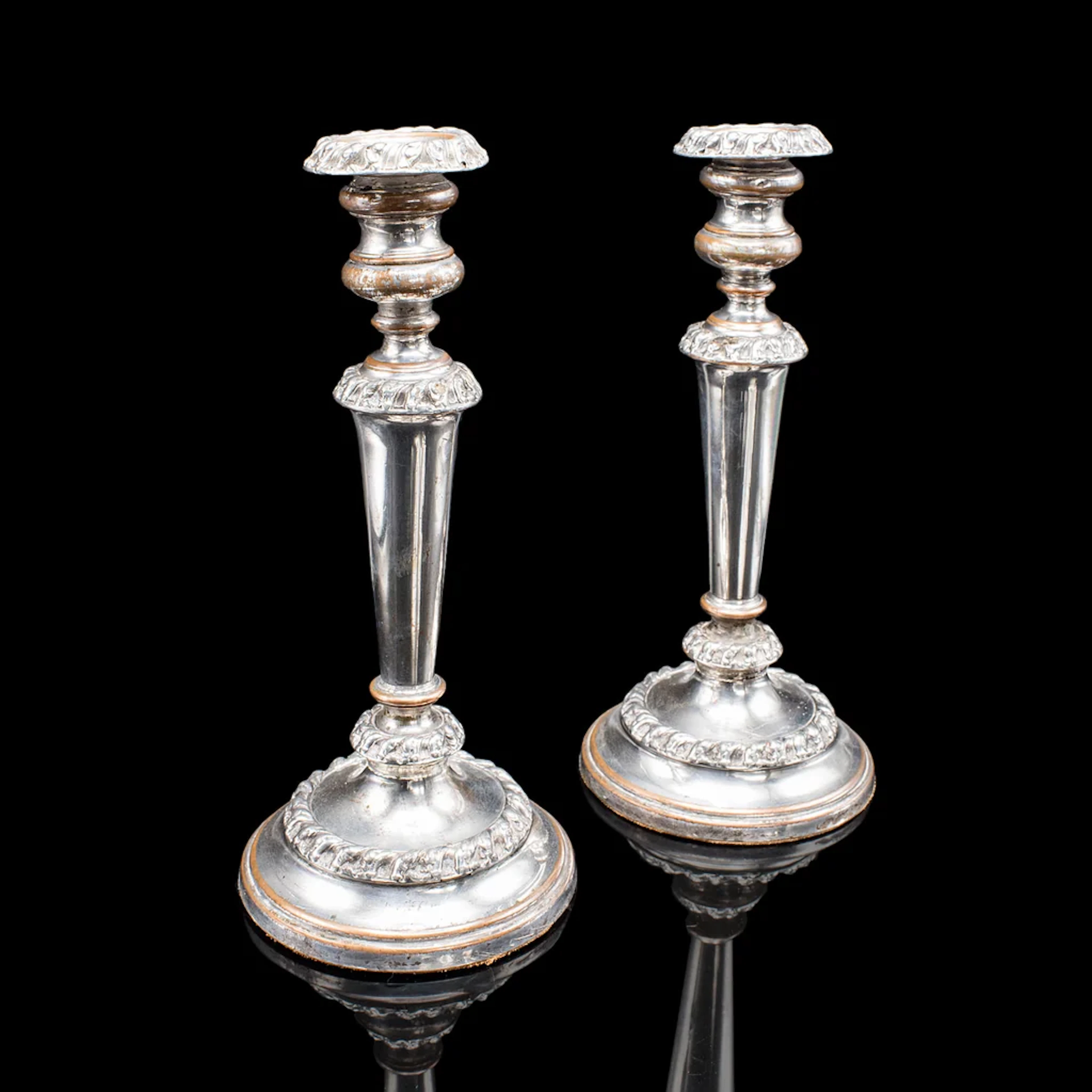 Pair of Antique Old Sheffield Plate Candlesticks, English Candle Nozzle