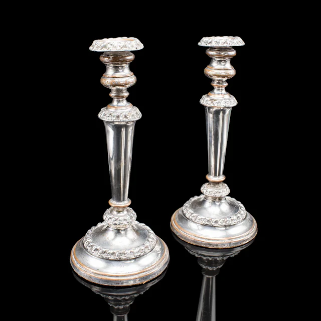 Pair of Antique Old Sheffield Plate Candlesticks, English Candle Nozzle