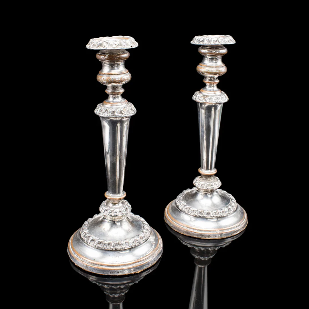 Pair of Antique Old Sheffield Plate Candlesticks, English Candle Nozzle