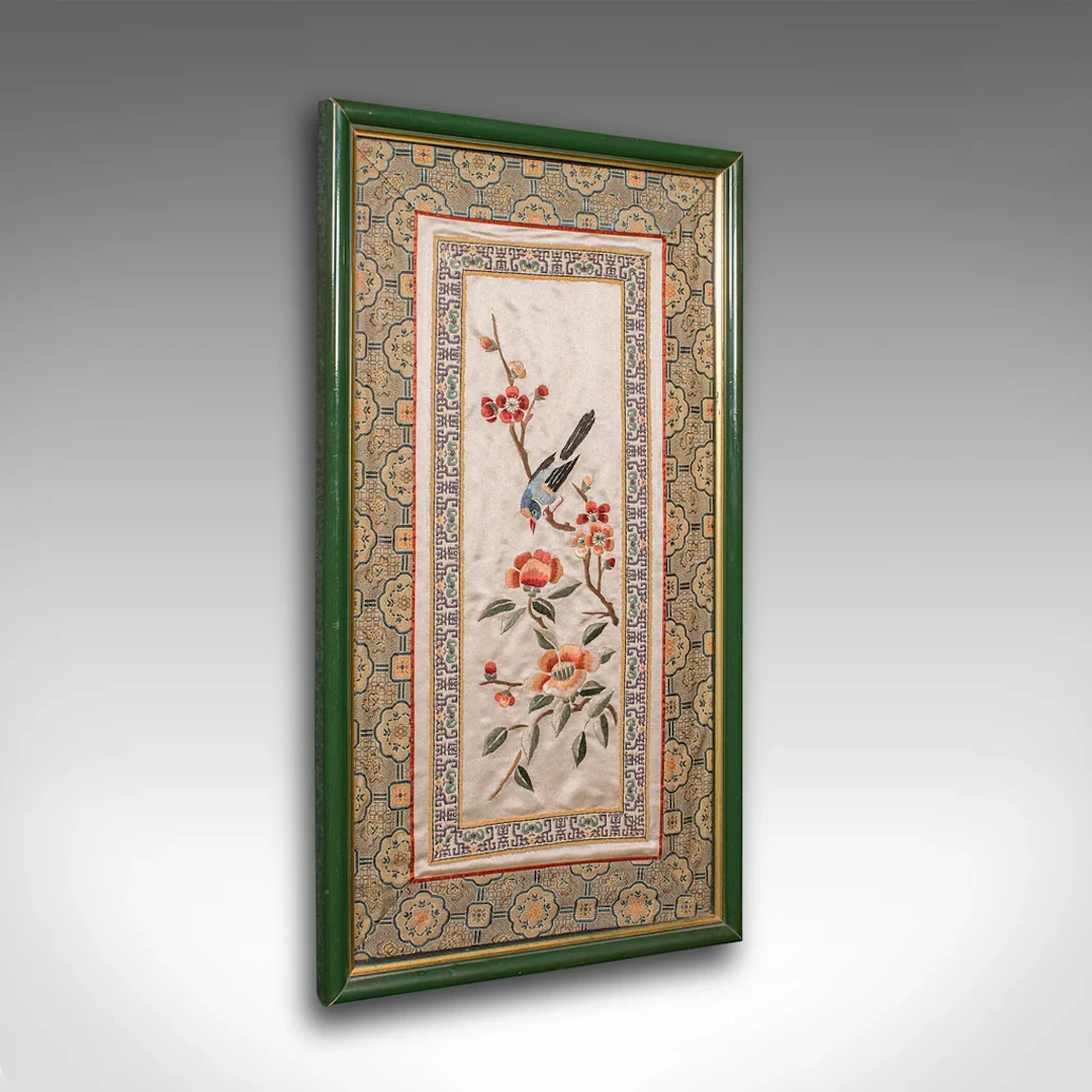 Vintage Framed Silkwork Panel, Japanese, Embroidered, Needlepoint, Art Deco