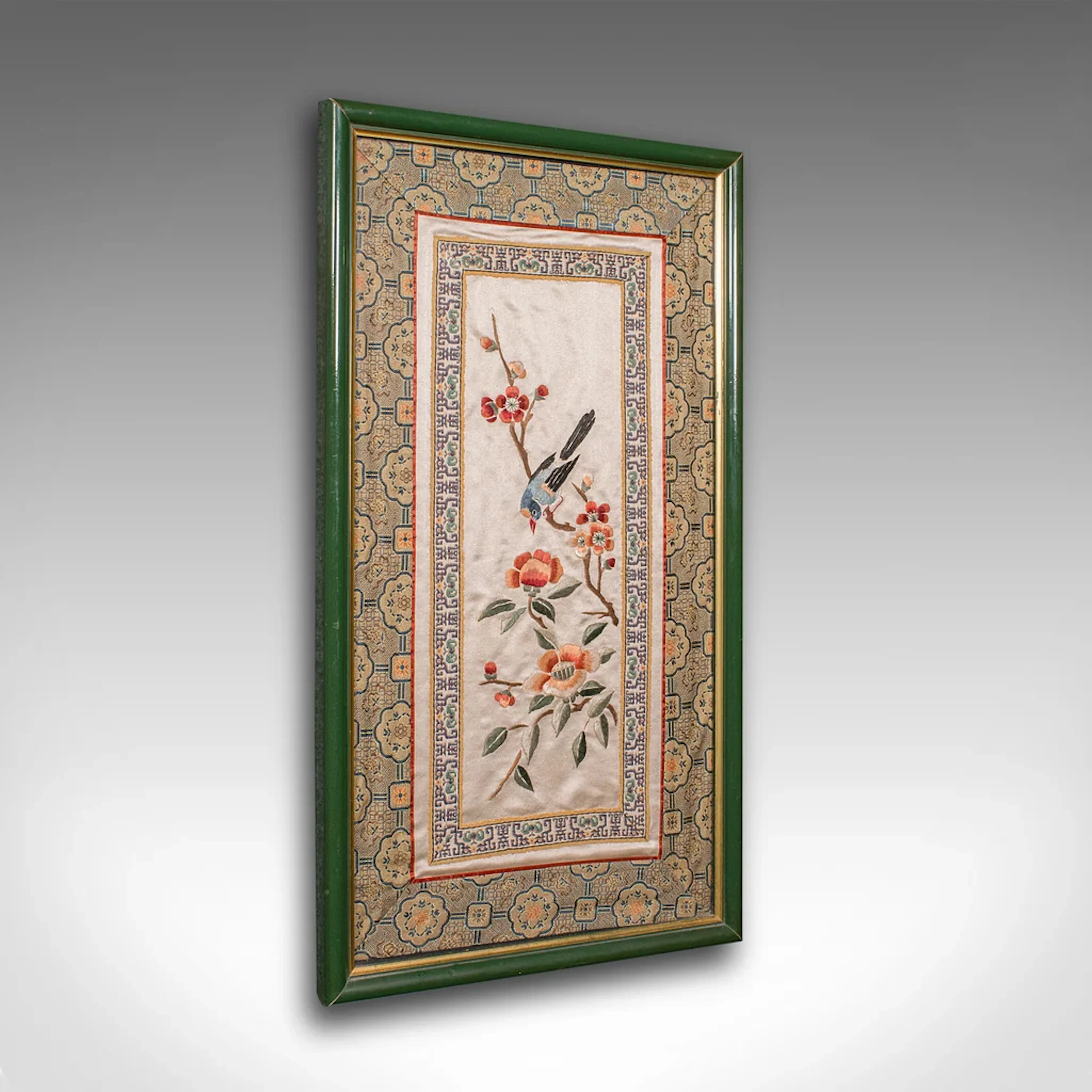 Vintage Framed Silkwork Panel, Japanese, Embroidered, Needlepoint, Art Deco
