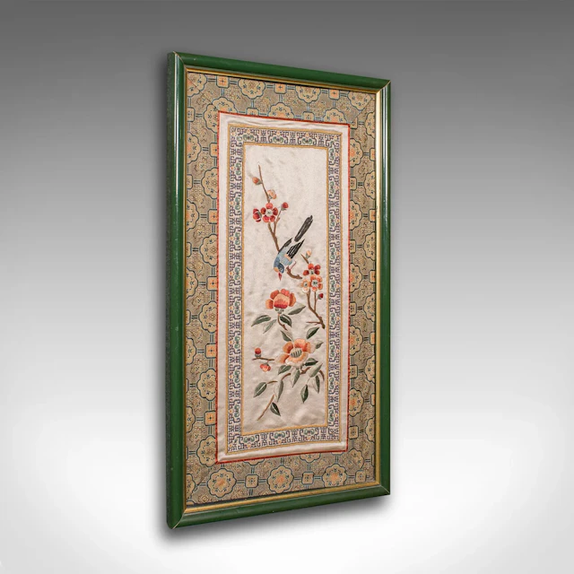Vintage Framed Silkwork Panel, Japanese, Embroidered, Needlepoint, Art Deco