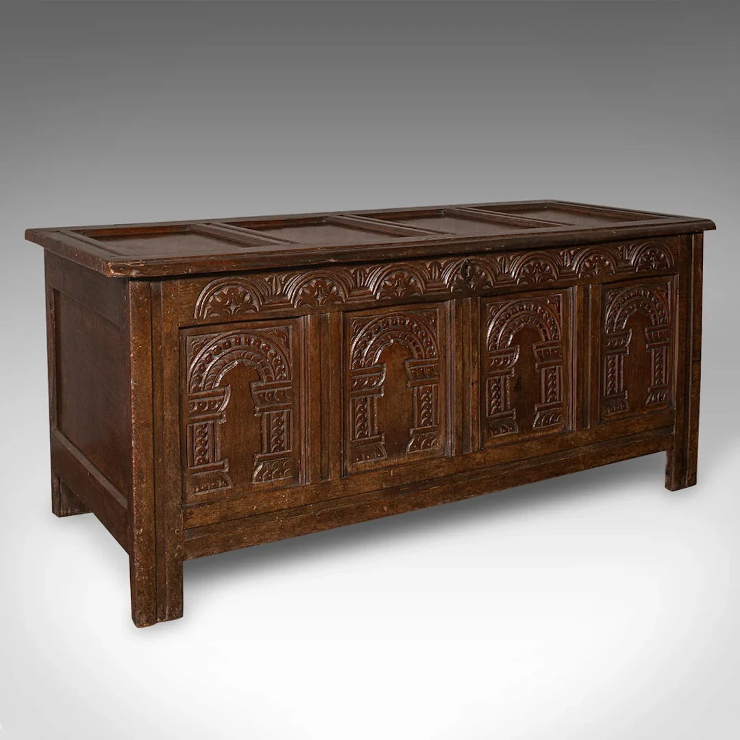 Large Antique Coffer, English, Oak, Carved Trunk, Window Seat, William