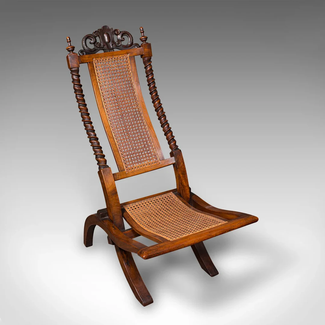 Antique Folding Steamer Chair, English, Bergère, Campaign Lounge Seat