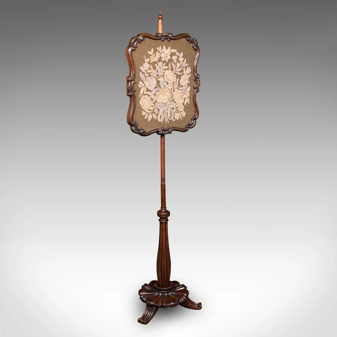 Antique Fireside Pole Screen, English, Needlepoint, Adjustable, William