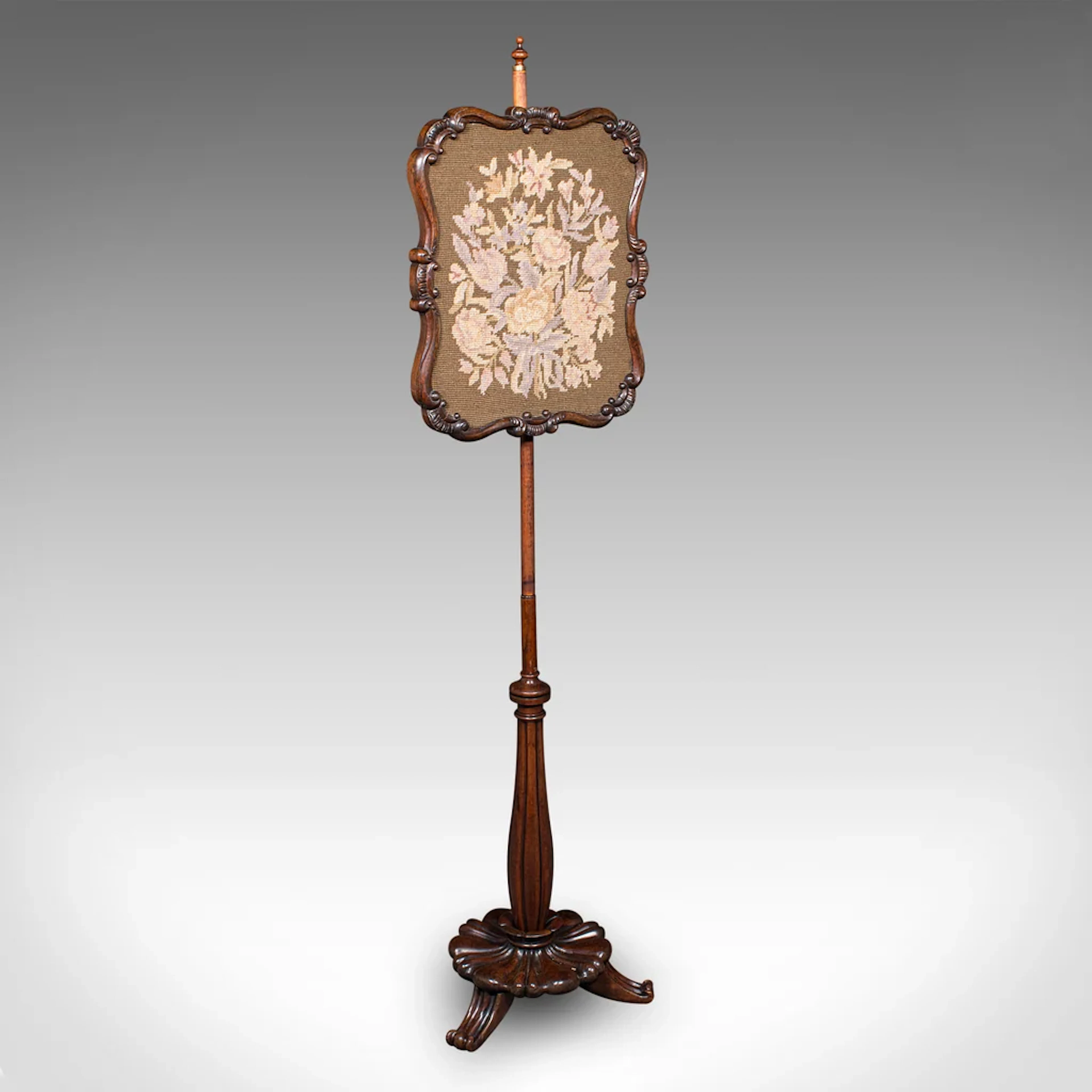 Antique Fireside Pole Screen, English, Needlepoint, Adjustable, William
