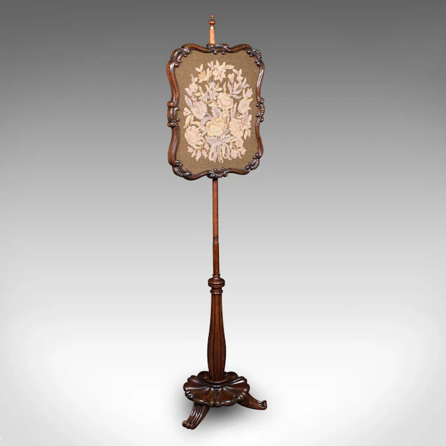 Antique Fireside Pole Screen, English, Needlepoint, Adjustable, William