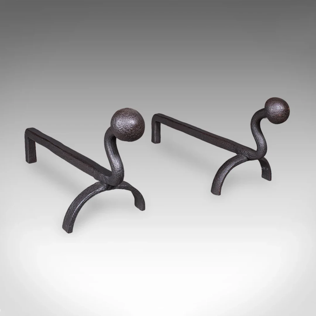 Pair of Antique Andirons, English, Wrought Iron, Fire Dog, Blacksmith