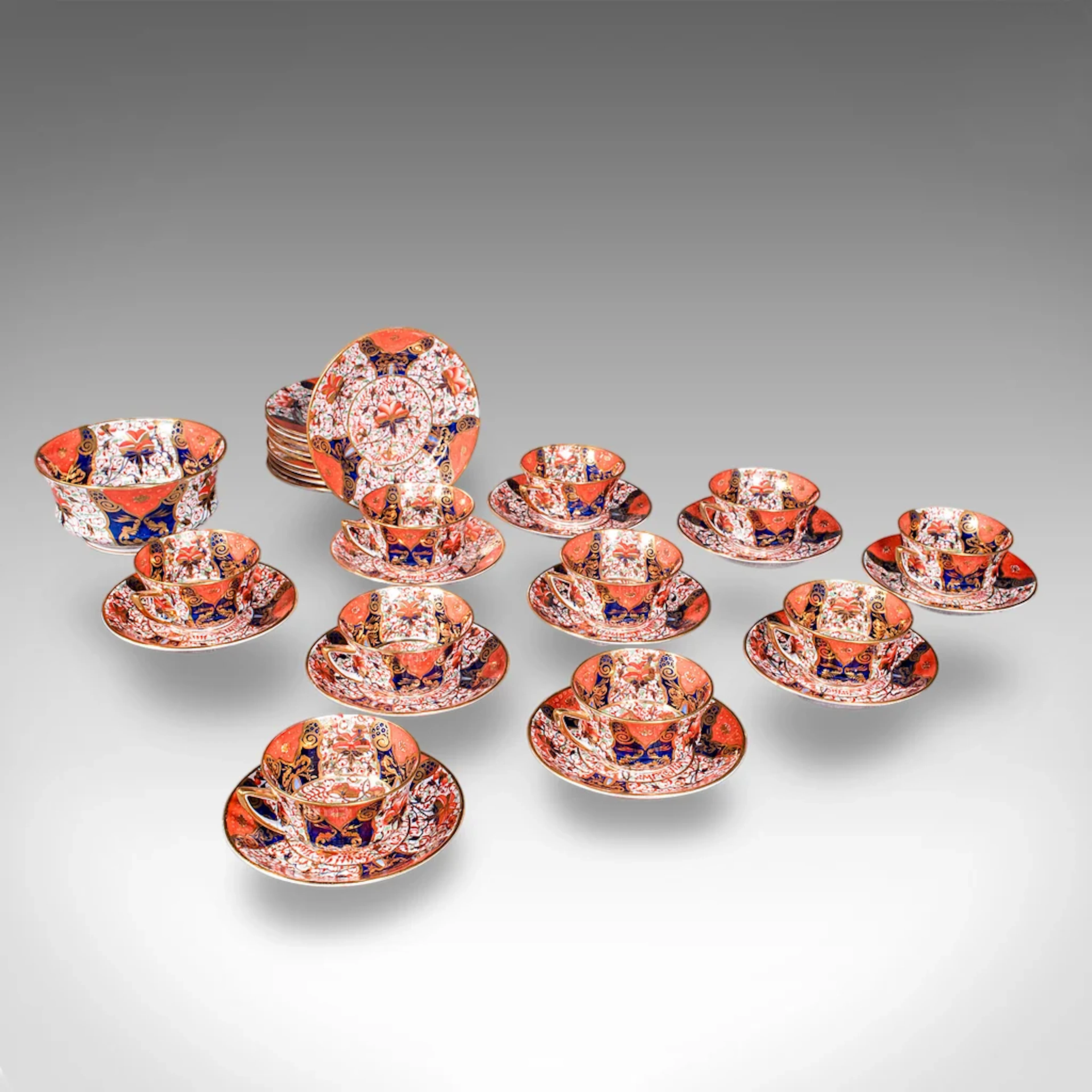 Antique 10 Person Afternoon Tea Service, English, Cup, Saucer, Bowl, Victorian