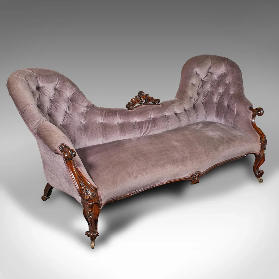 Antique Double Spoon Back Settee, English, 3 Seat, Sofa, Early Victorian