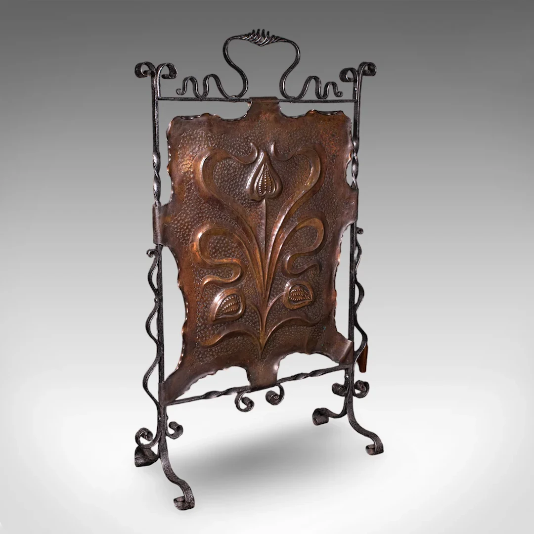 Antique Fire Screen, Art Nouveau, French, Fireplace Reflector, Copper