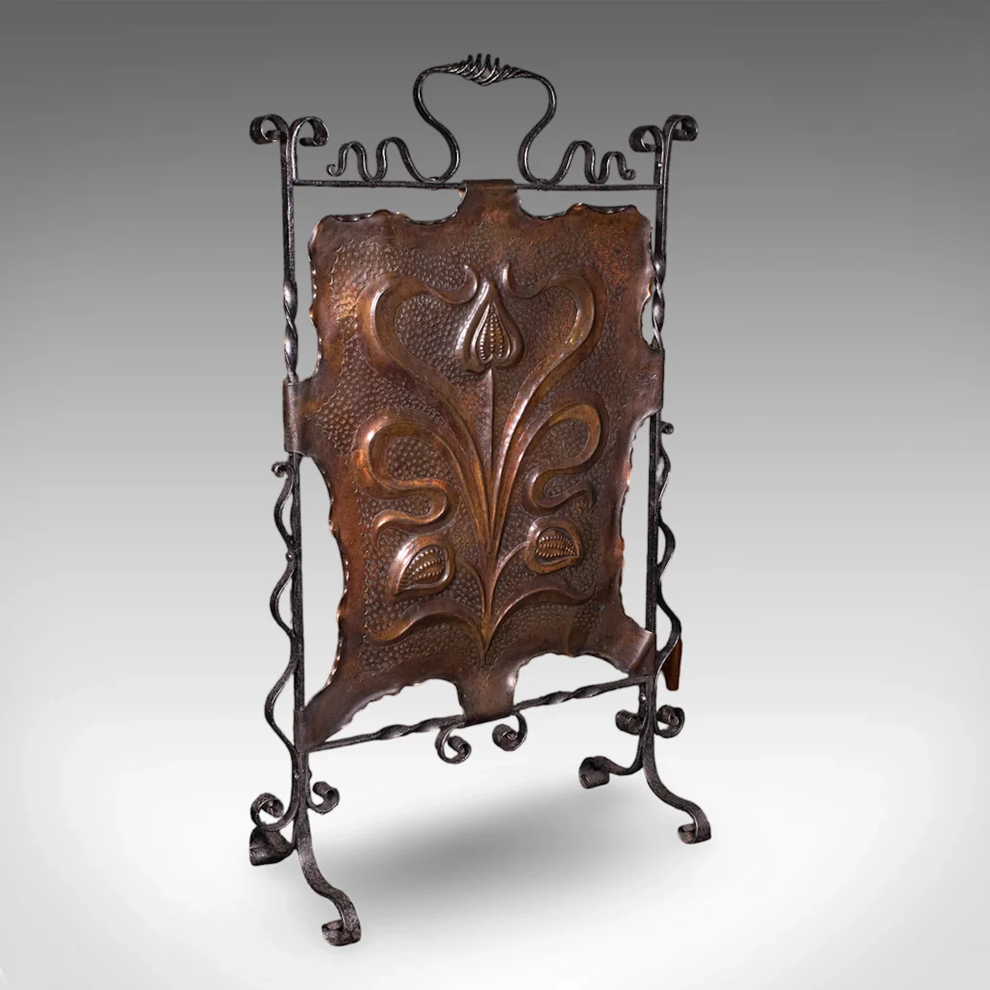 Antique Fire Screen, Art Nouveau, French, Fireplace Reflector, Copper