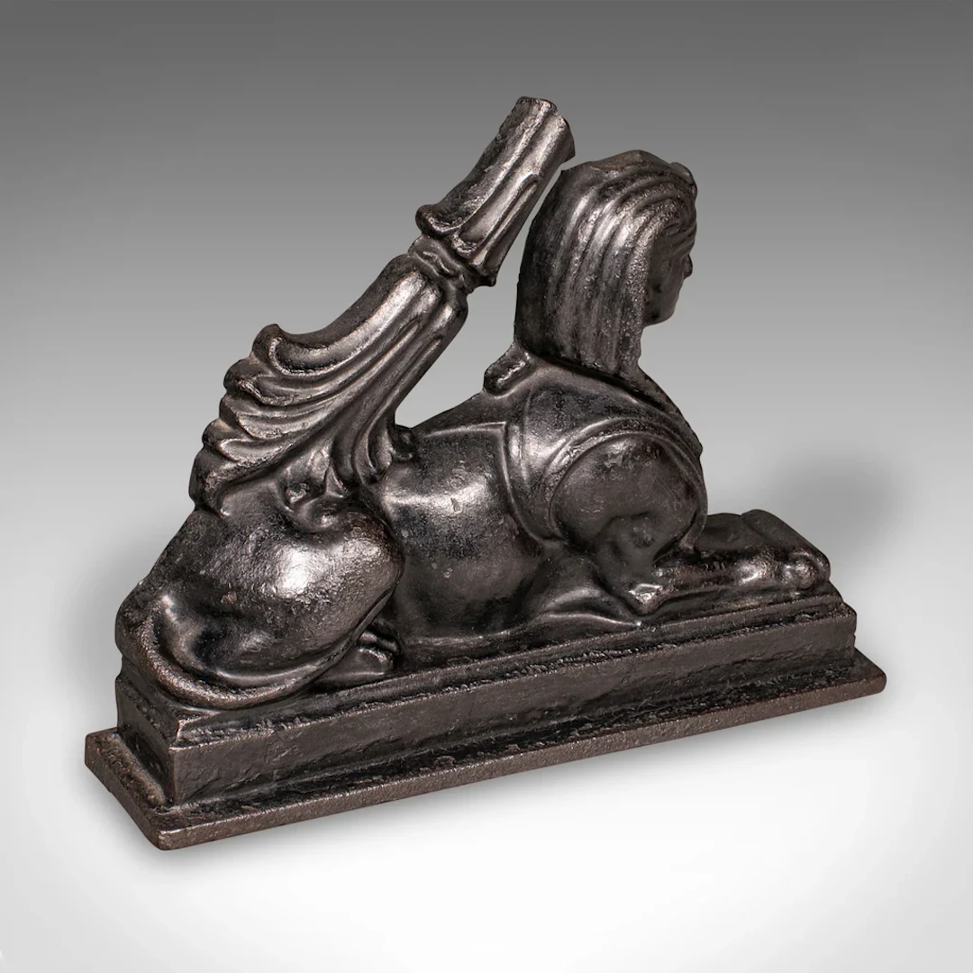 Antique Egyptian Revival Doorstop, English Cast Iron Sphinx, Regency