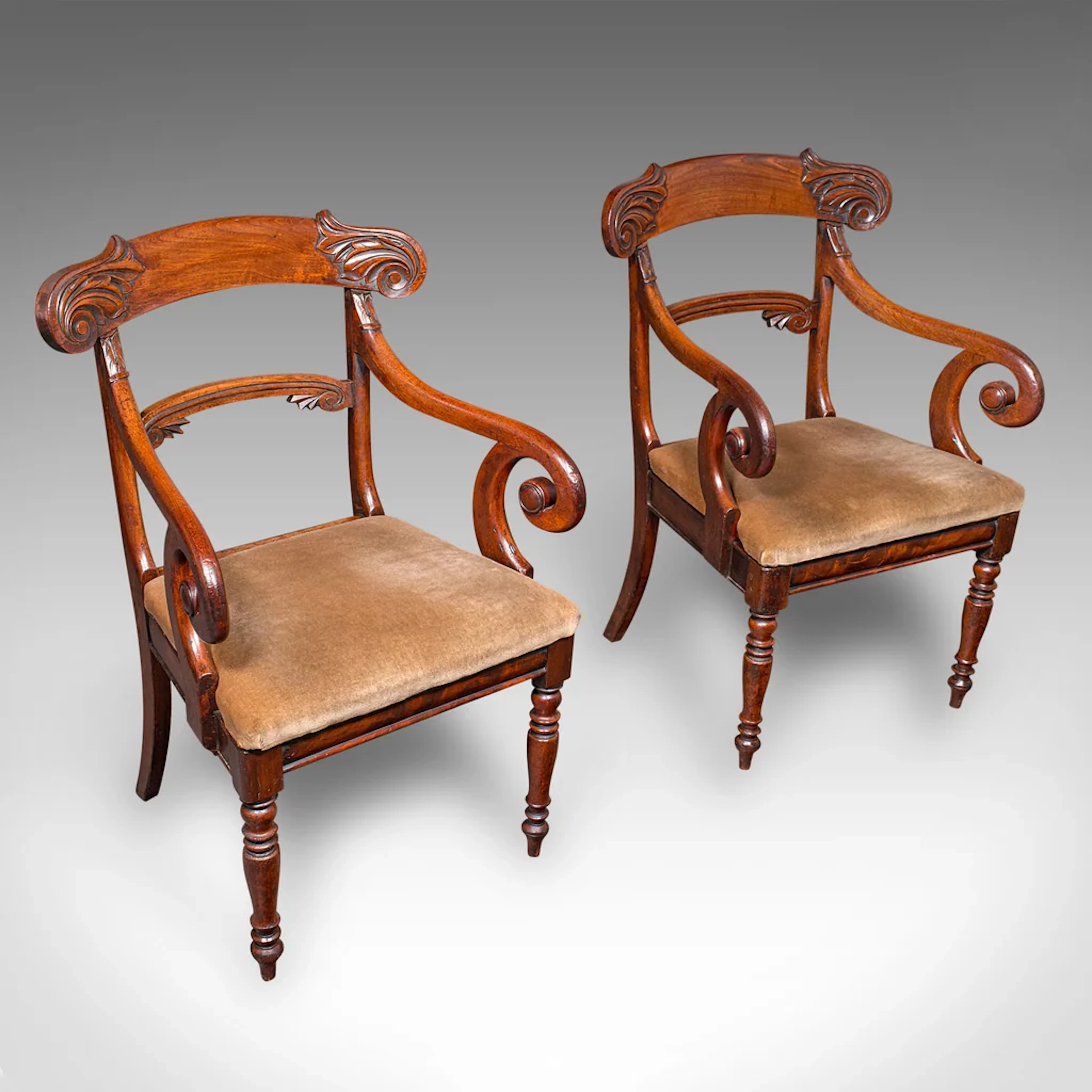 Pair of Antique Morning Room Chairs, English, Elbow Seat, Regency, Circa 1820