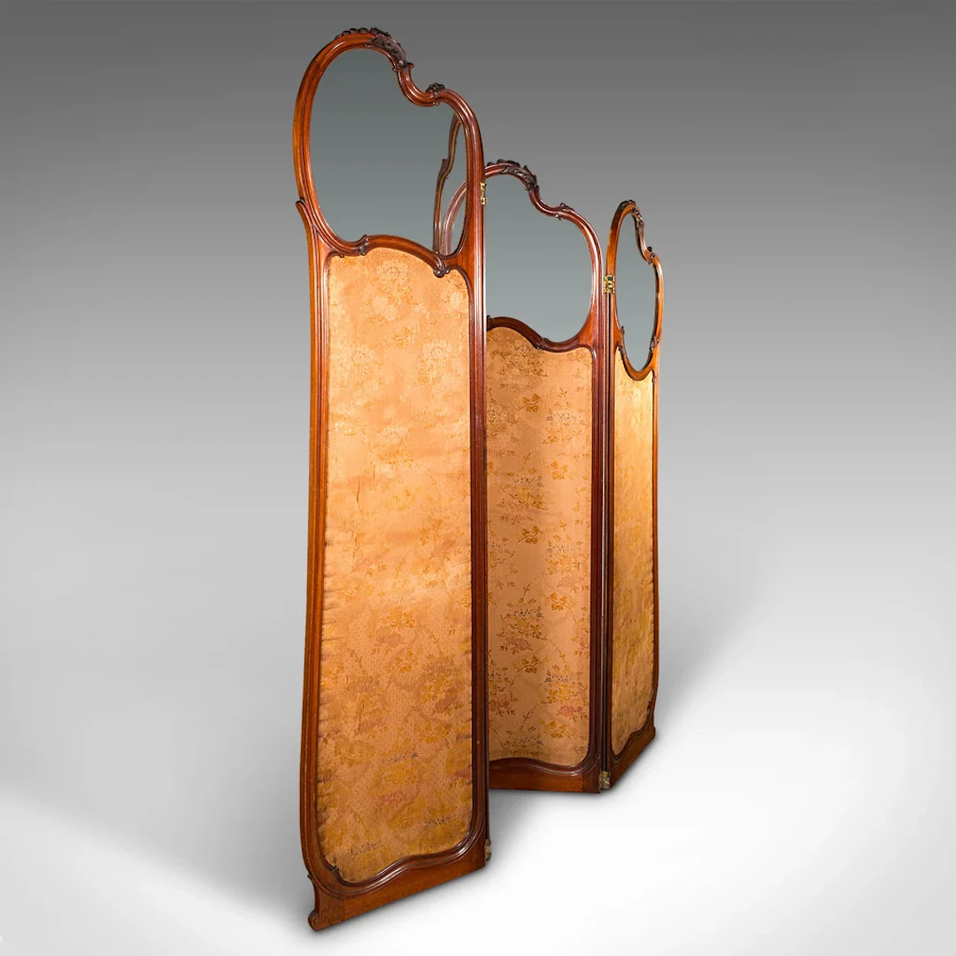6' 6'' Tall Antique Privacy Screen, French Walnut, Glass, Art Nouveau