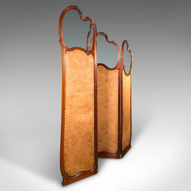 6' 6'' Tall Antique Privacy Screen, French Walnut, Glass, Art Nouveau