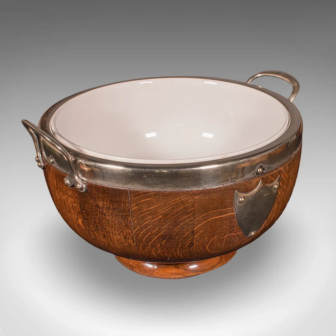 Antique Presentation Prize Bowl, English, Oak, Ceramic, Fruit Dish, Edwardian