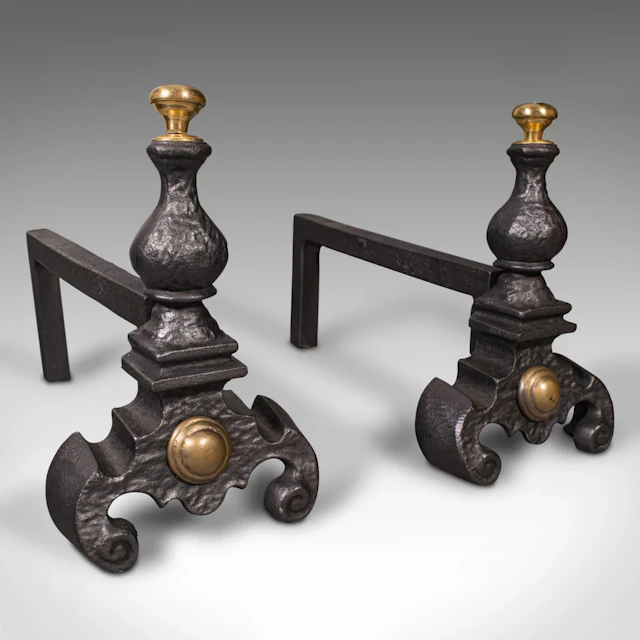 Pair Of Antique Decorative Fire Rests, English Fireside Andiron, Victorian