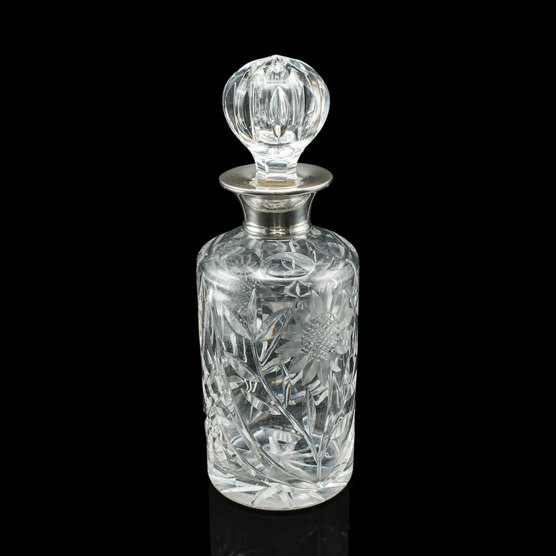 Vintage Scotch Decanter, English, Cut Glass, Silver, Whiskey, Hallmarked, 1965