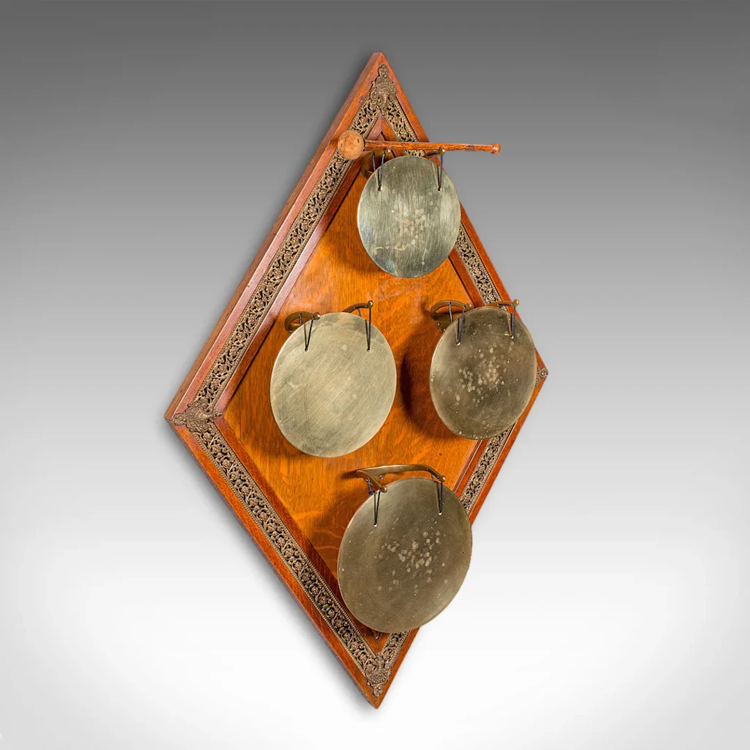 Antique 4 Strike Palazzo Wall Chime, Italian, Brass, Oak, Dinner Gong