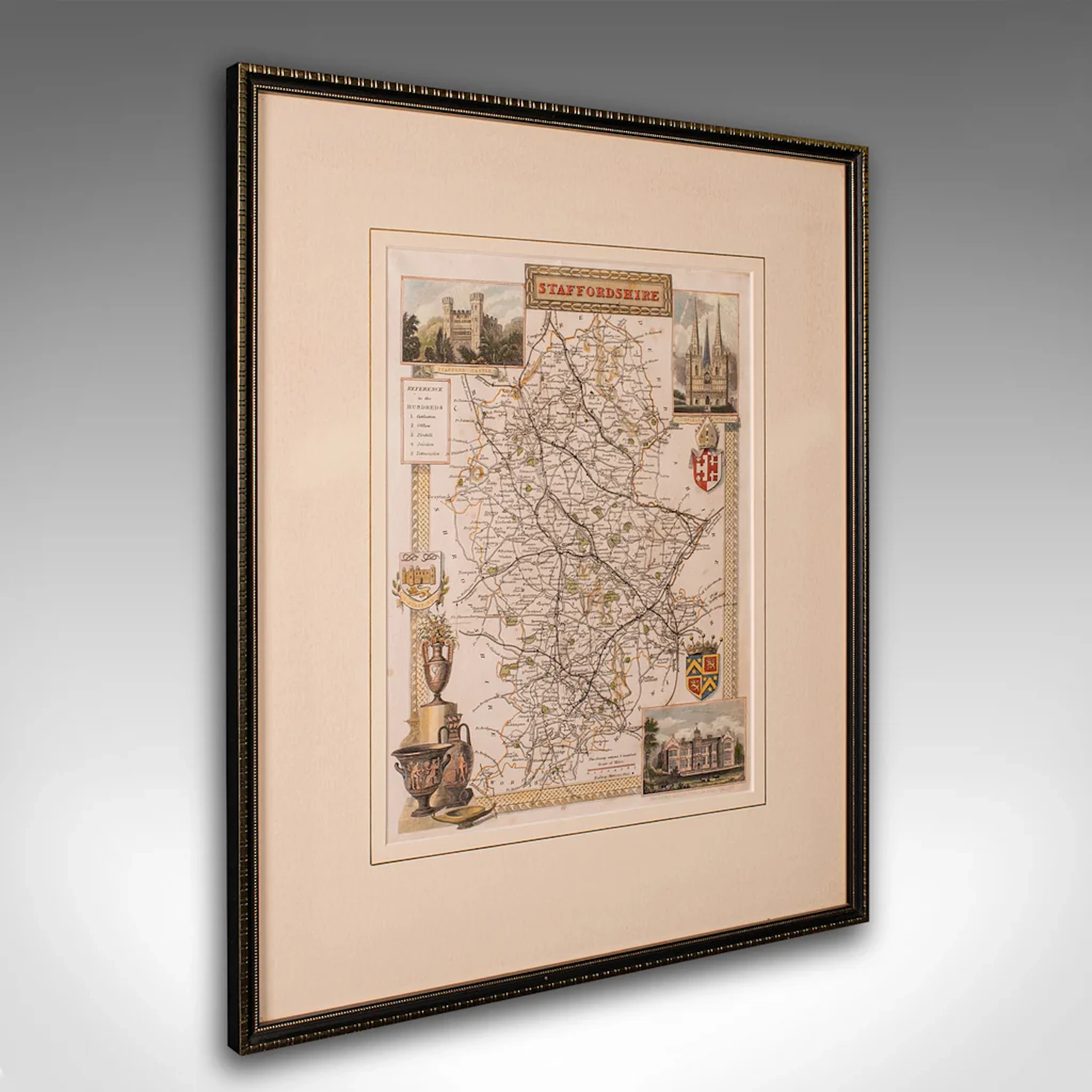 Antique County Map, Staffordshire, English, Framed Litho, Cartography