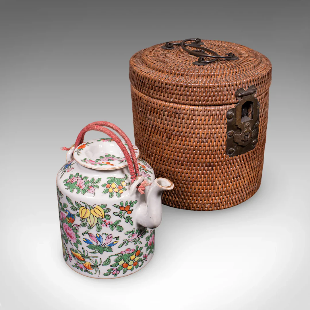 Small Antique Decorative Teapot, Oriental, Ceramic Chá Pot, Wicker Case, C.1920