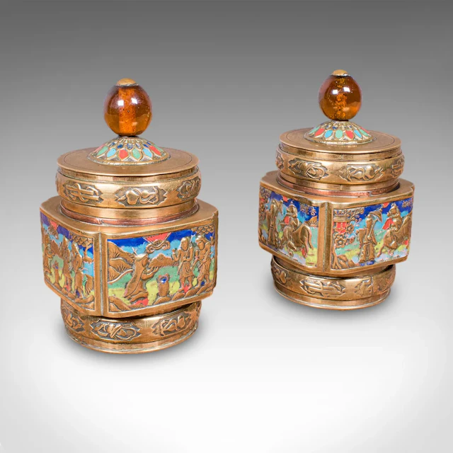 Pair of Small Antique Champleve Tea Caddies, Oriental Spice Pot, Edwardian