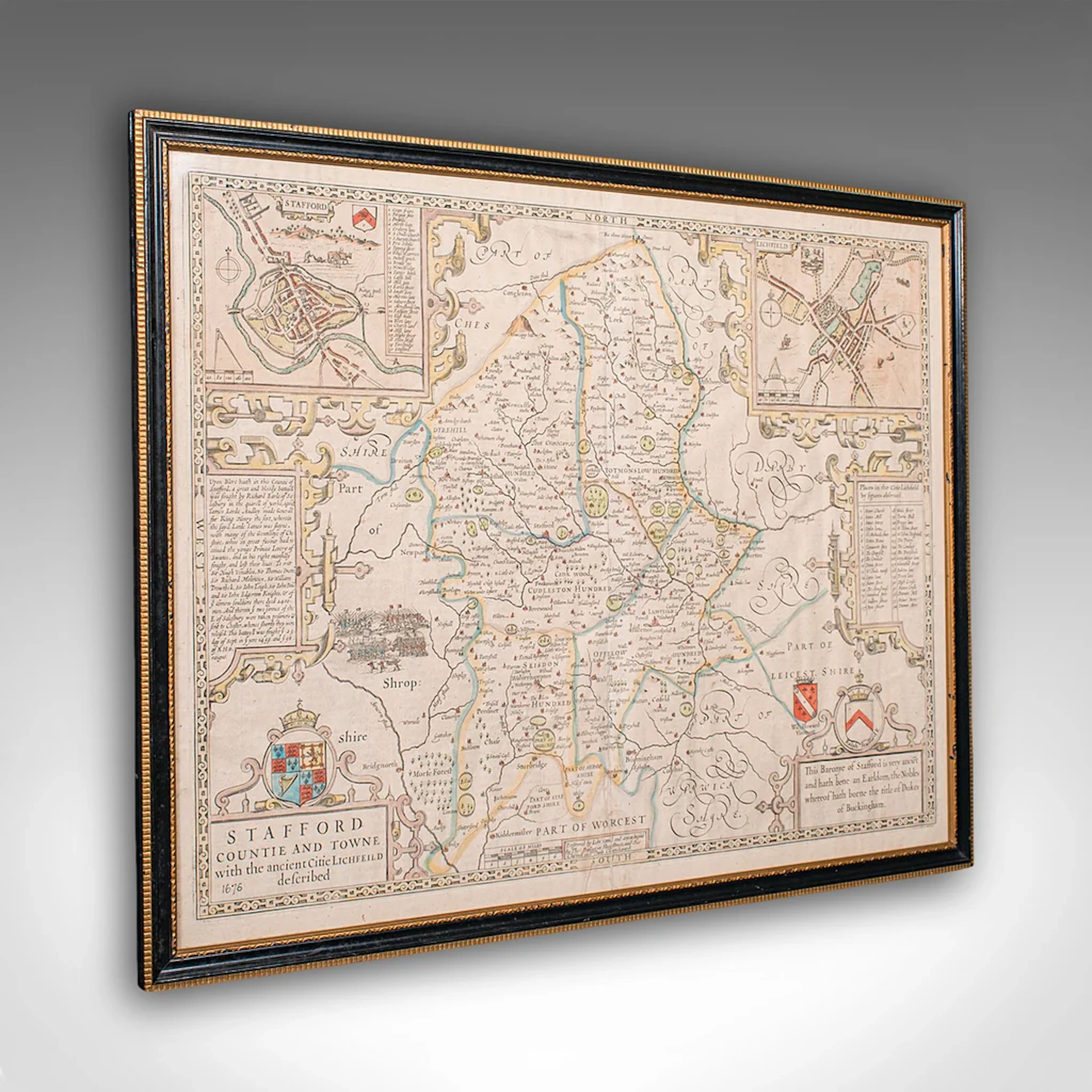 Antique Stafford County Map, English, Atlas Engraving, 17th Century