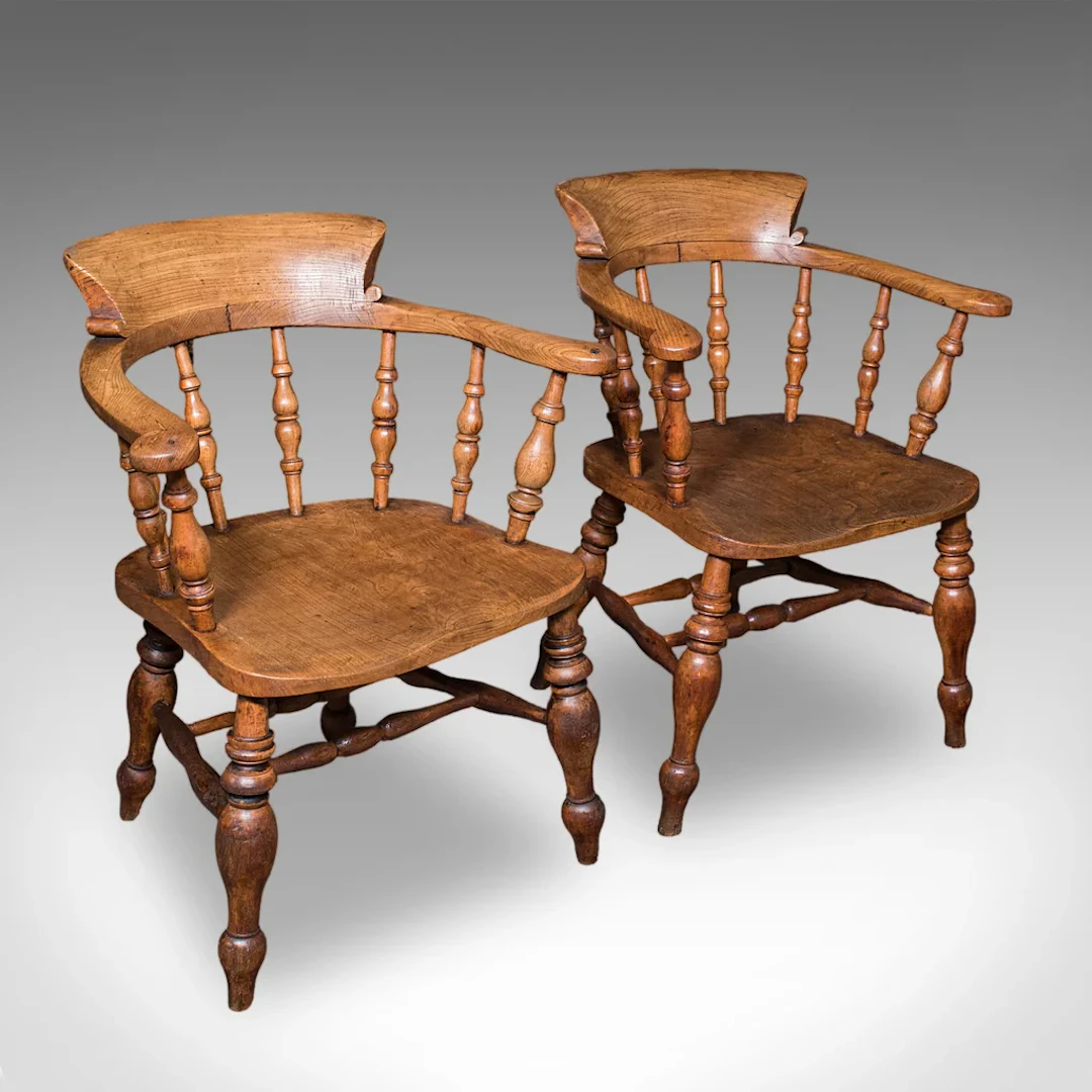 Pair of Antique Country House Captain's Chairs, English, Smoker's