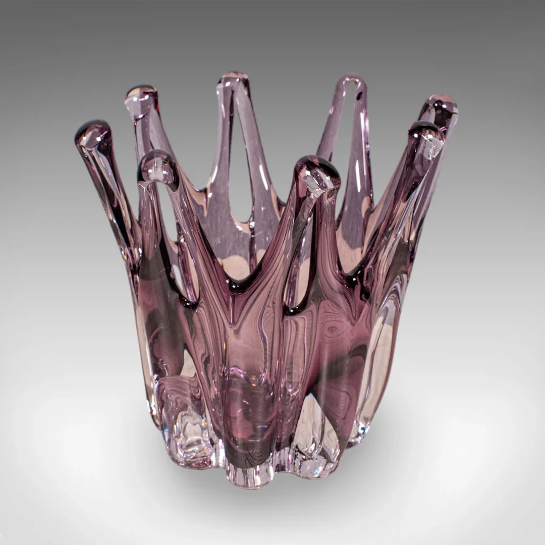 Vintage Starburst Display Bowl, Czech, Bohemia Art Glass Fruit Dish