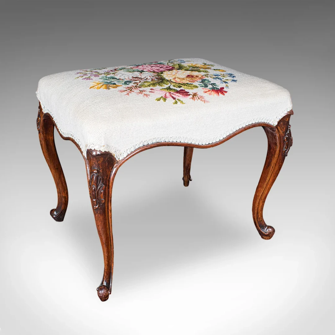 Antique Fireside Footstool, English, Needlepoint, Walnut, Stool, Early